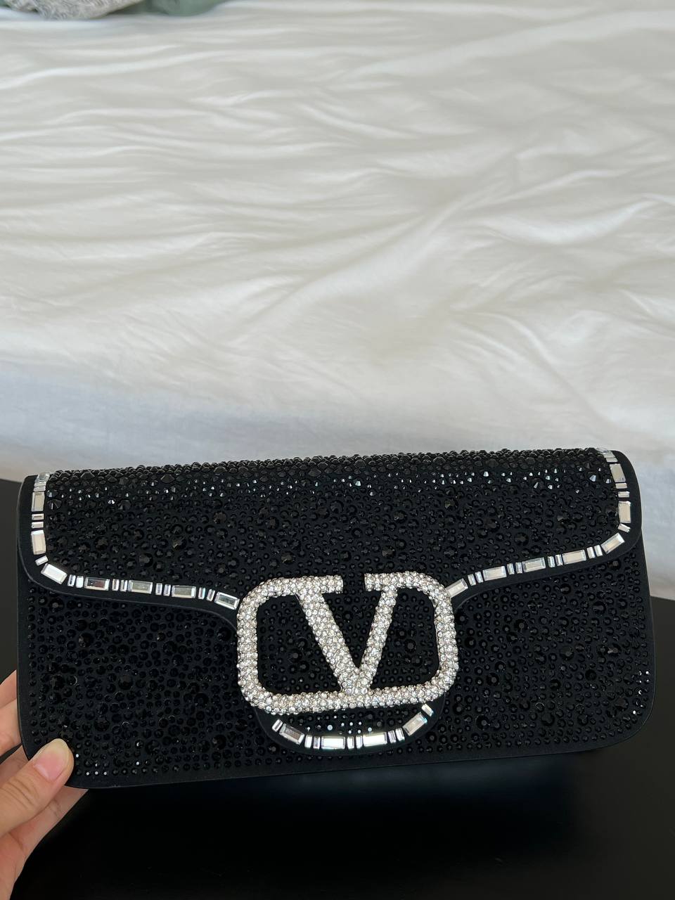 VALENTINO One Stud Crystal V Logo Satin Clutch Evening Bag
