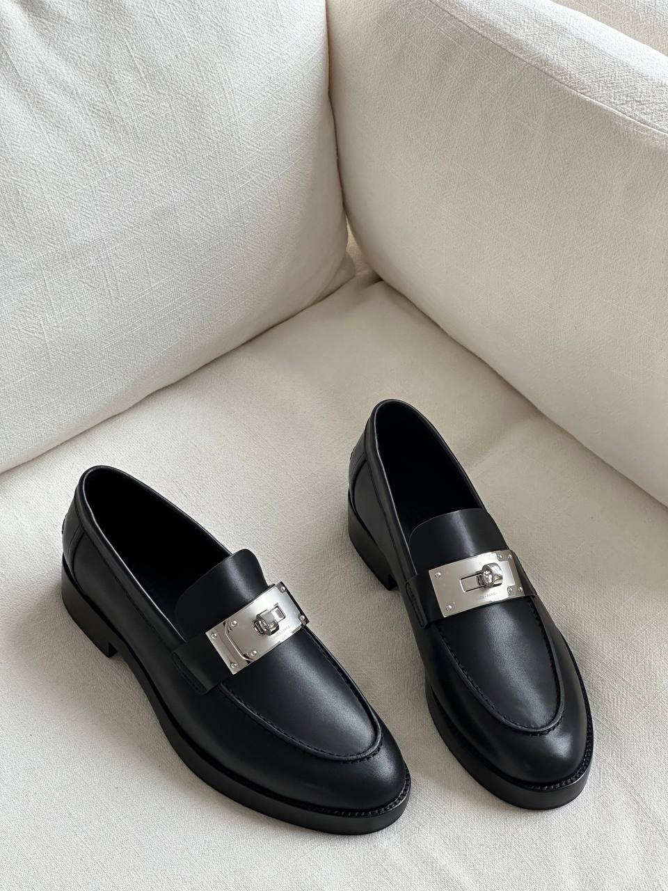 Hermès Black Calfskin Kelly Silver Buckle Loafers
