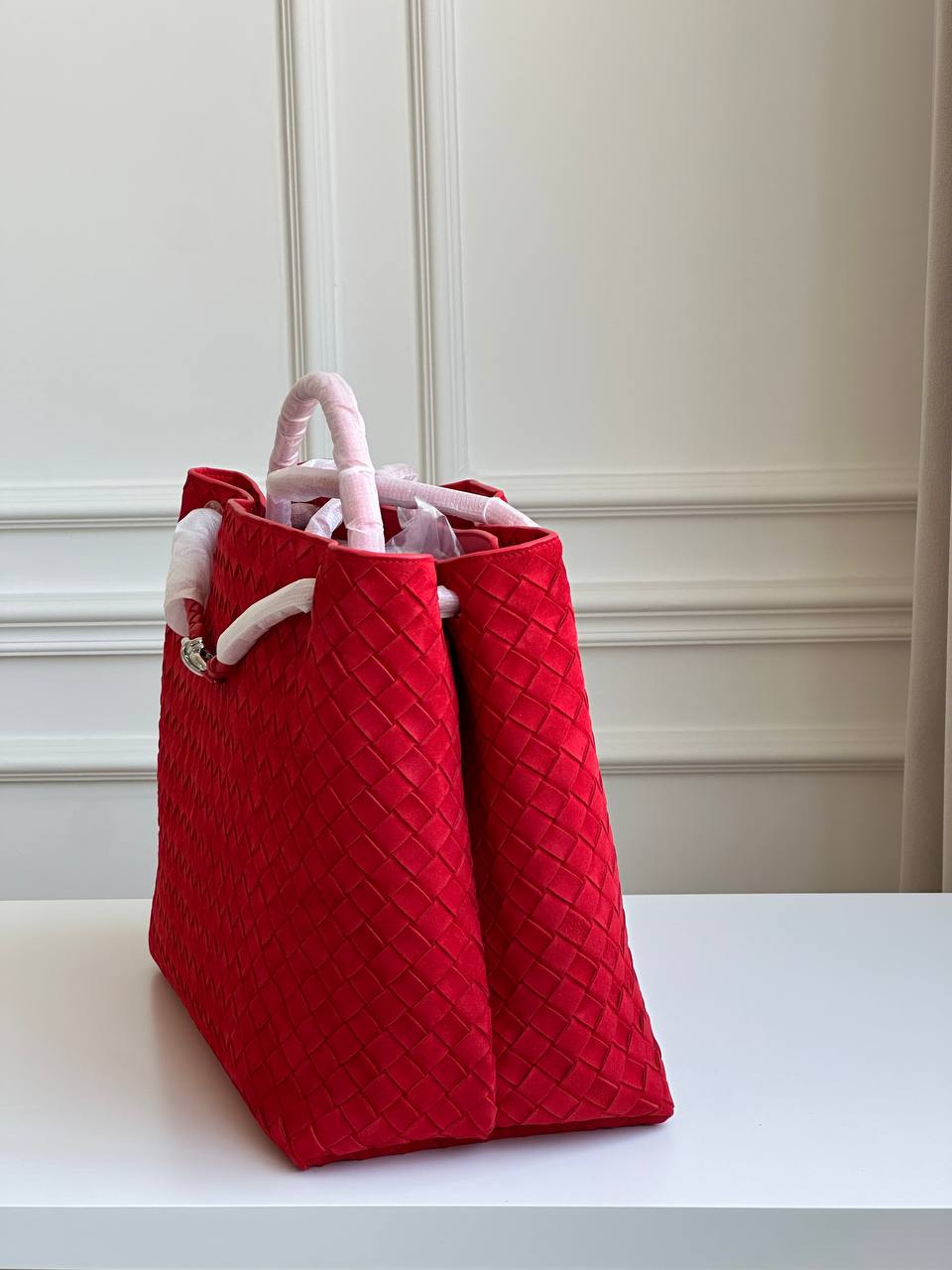 Bottega Veneta Bright Red Intrecciato Hand-Woven Leather Knot Buckle Large Tote Bag