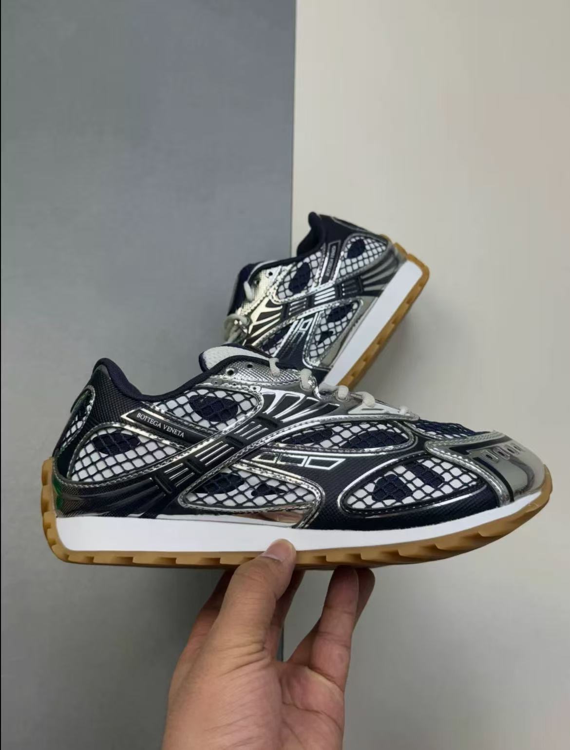 Bottega Veneta mesh breathable sports shoes in navy blue