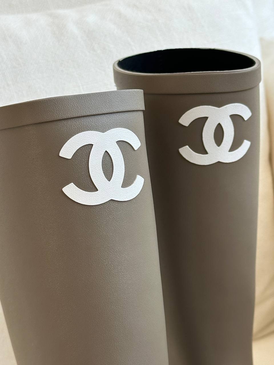 Chanel Milk Tea Tall Rubber Rain Boots With Interlocking CC Logo