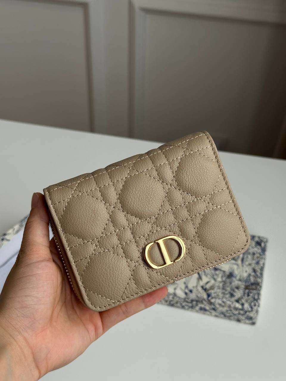 Dior Milk Tea Lambskin Cannage Quilted Full-Zip Compact Card Coin Wallet