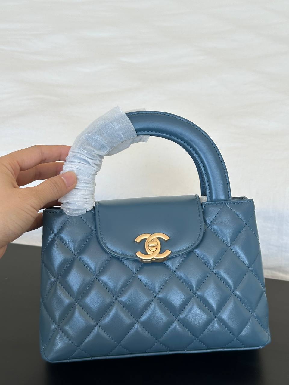 Chanel Smoky Blue Lambskin Quilted Mini Kelly Top Handle Bag