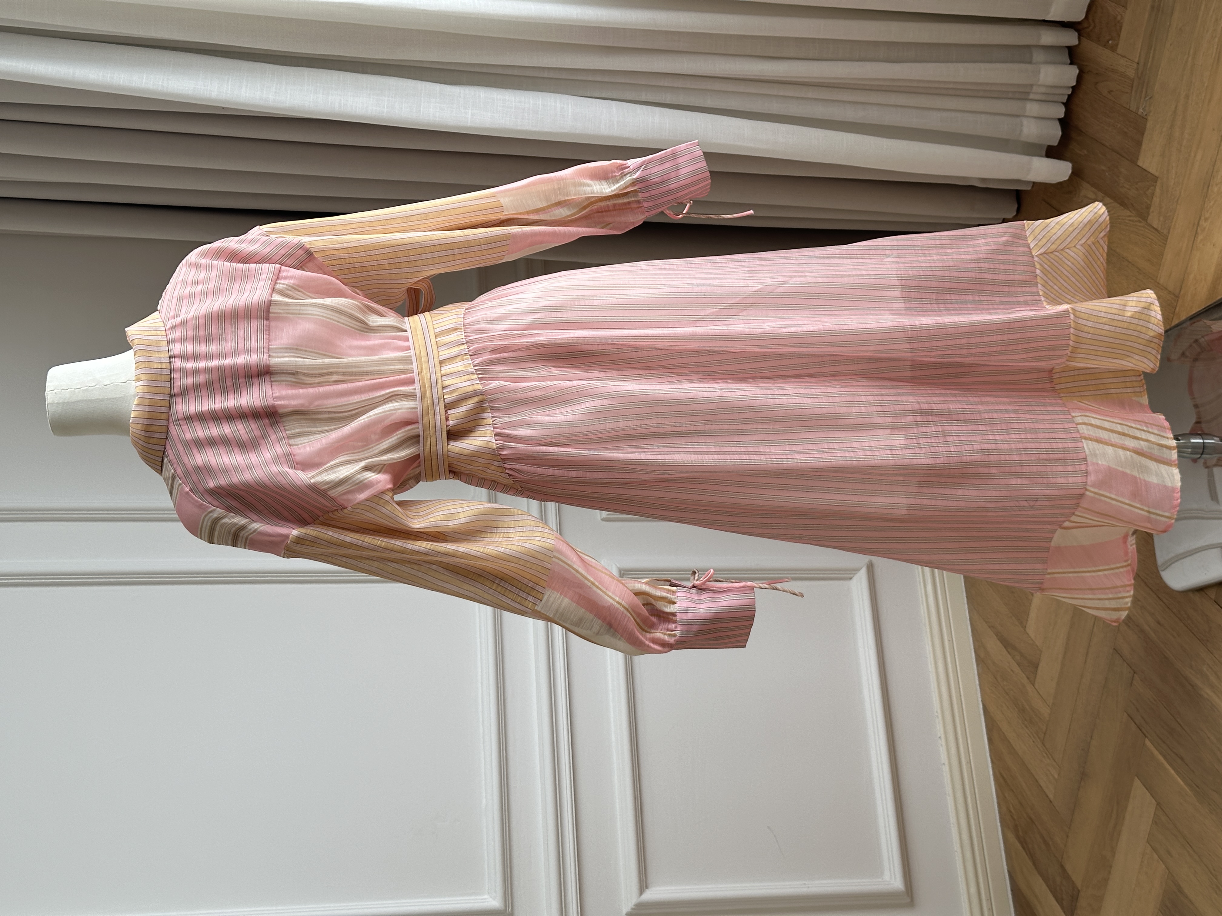 Pink Tone Striped Lapel Cross Wrap Tie-Waist Shirt Maxi Dress