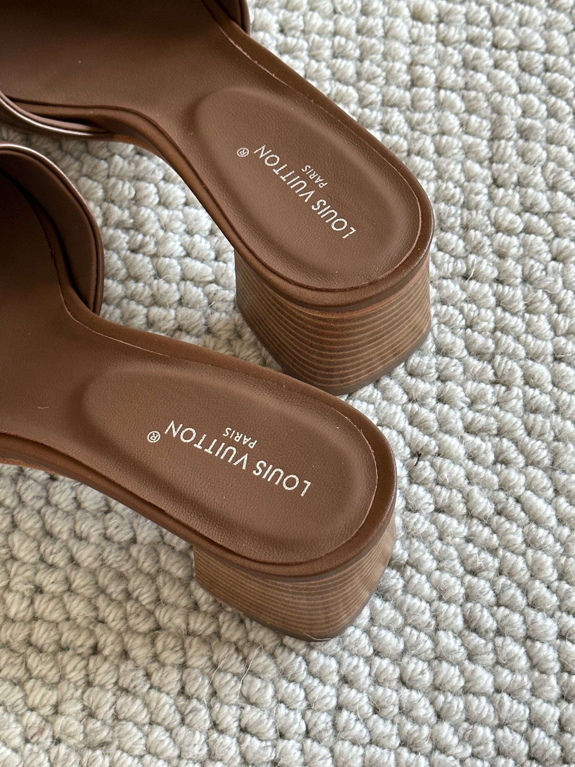 Louis Vuitton Dark Brown Calf Leather LV Logo Block Heel Mules