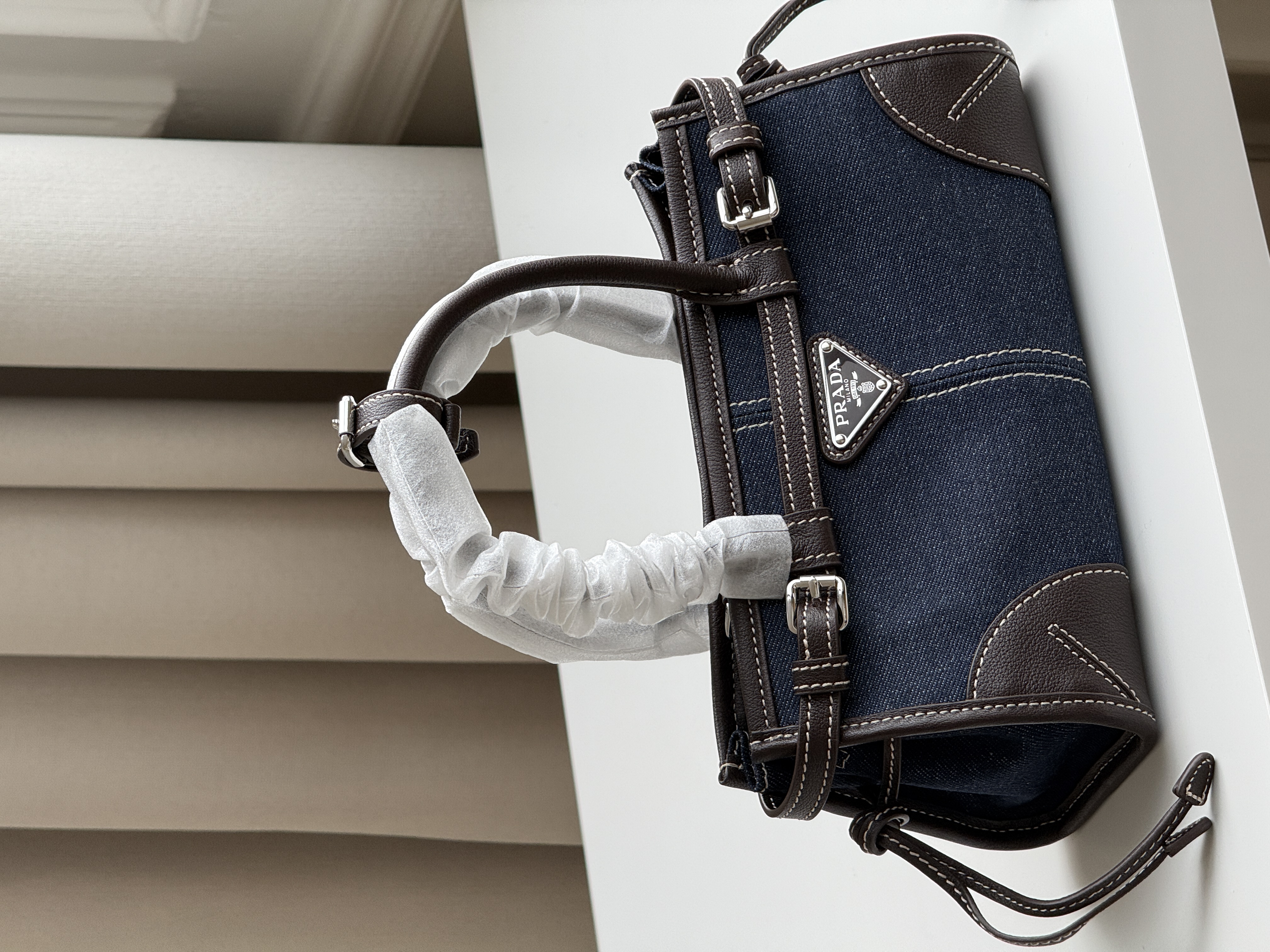 Prada Dark Blue Denim & Leather Trim Triangle Logo Tote Handbag