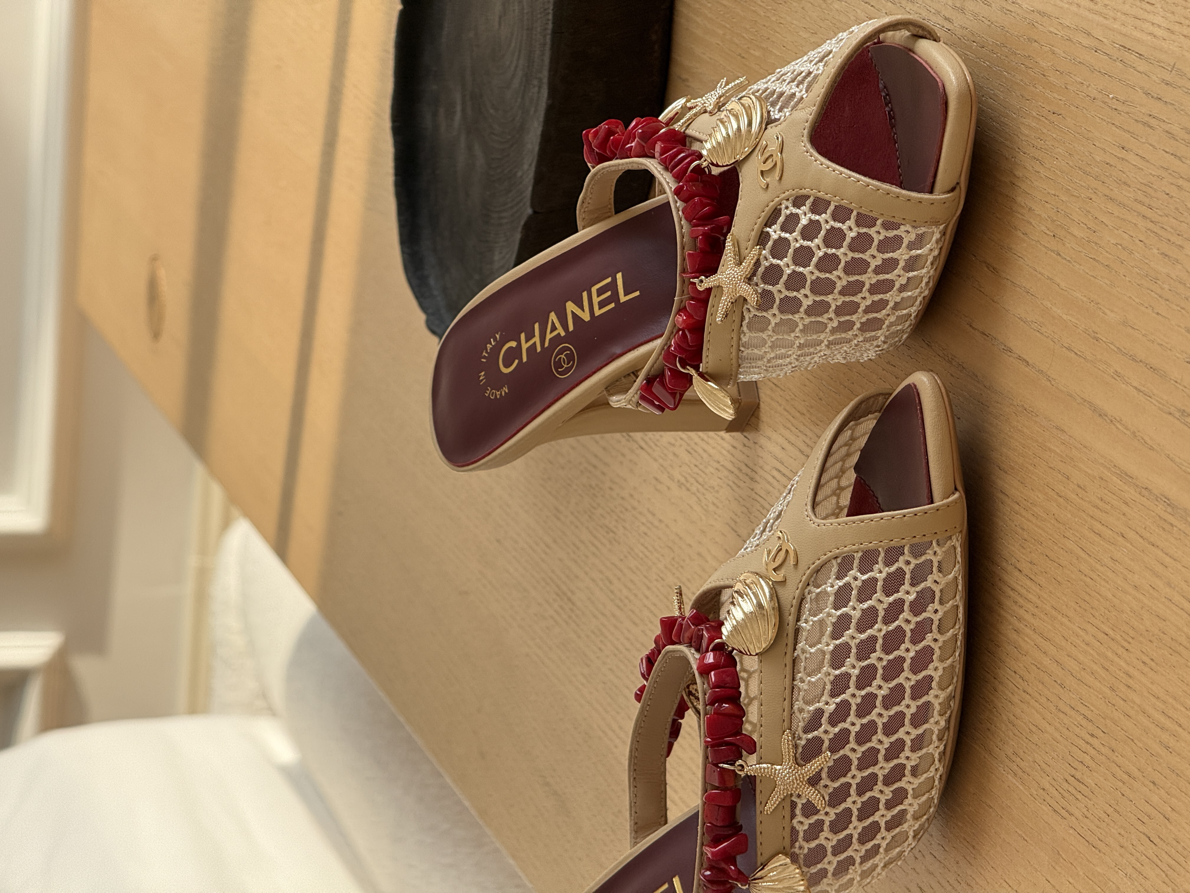 Chanel Mesh & Leather Red Bead Ocean Charm Block Heel Open-Toe Mule Sandals
