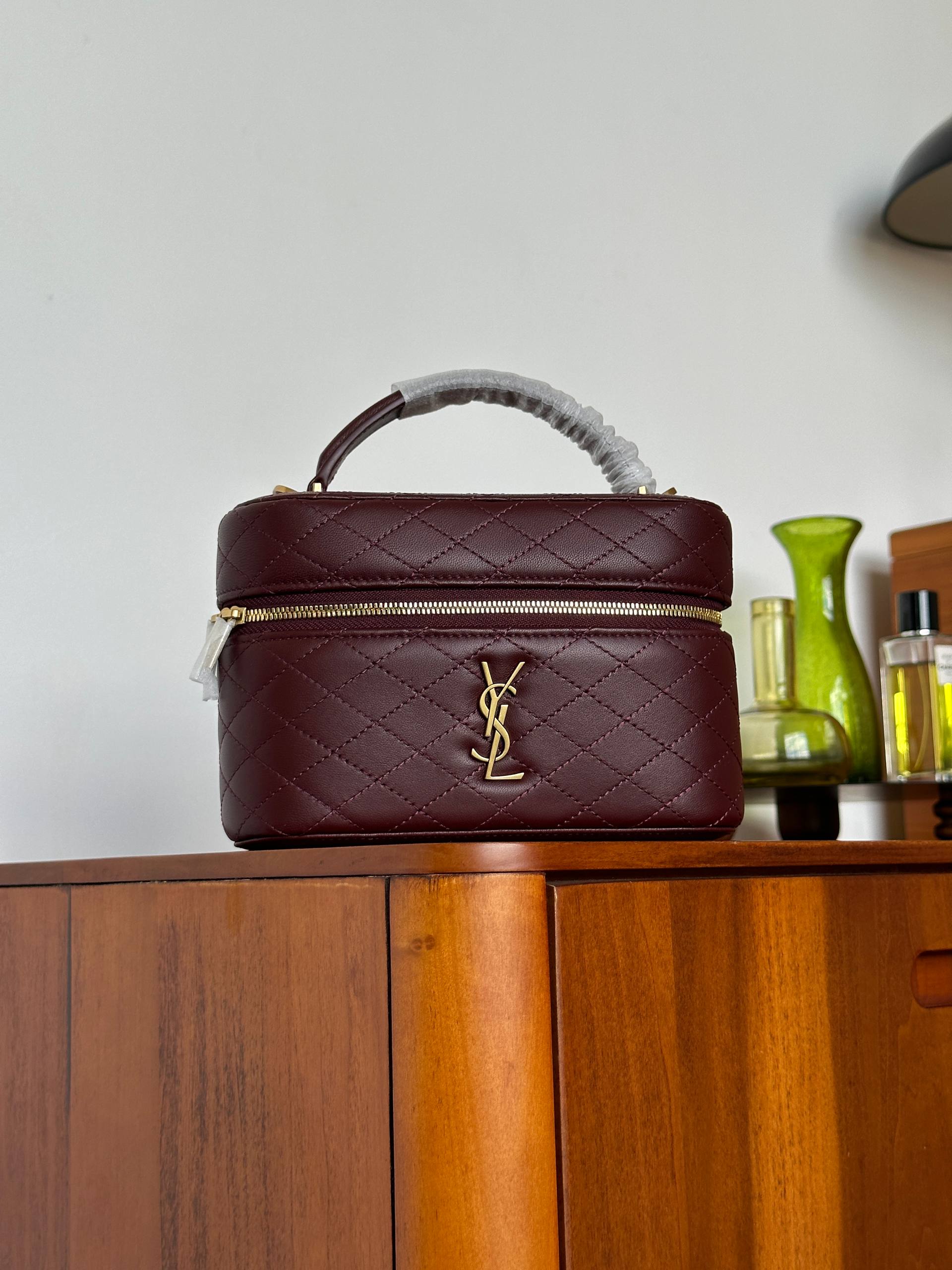 Yves Saint Laurent Burgundy Quilted Lambskin Mini Vanity Top Handle Bag