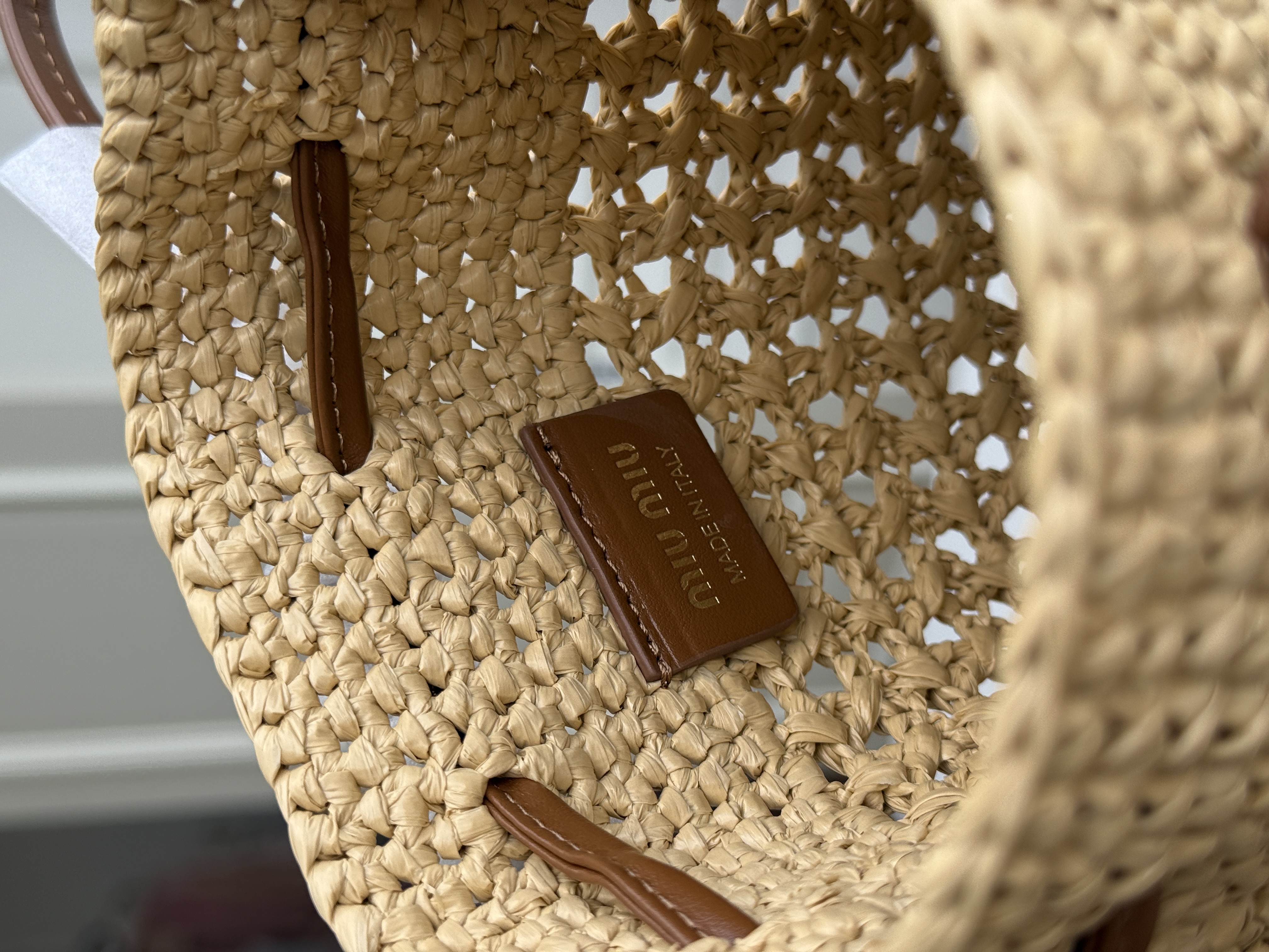 Miu Miu Beige Raffia Woven Drawstring Bucket Crossbody Bag