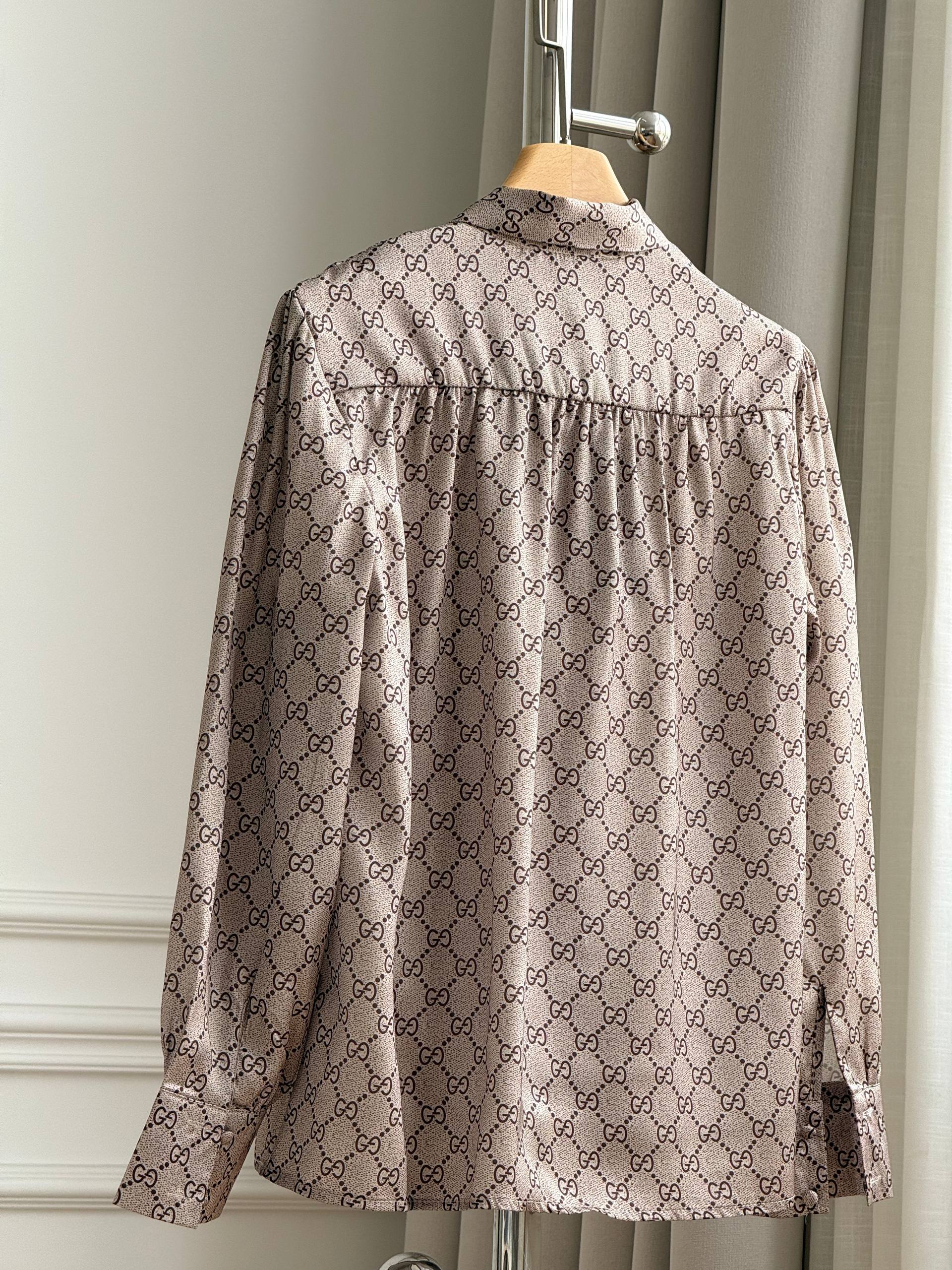 Gucci All-over GG Monogram Bow Tie Neck Satin Blouse