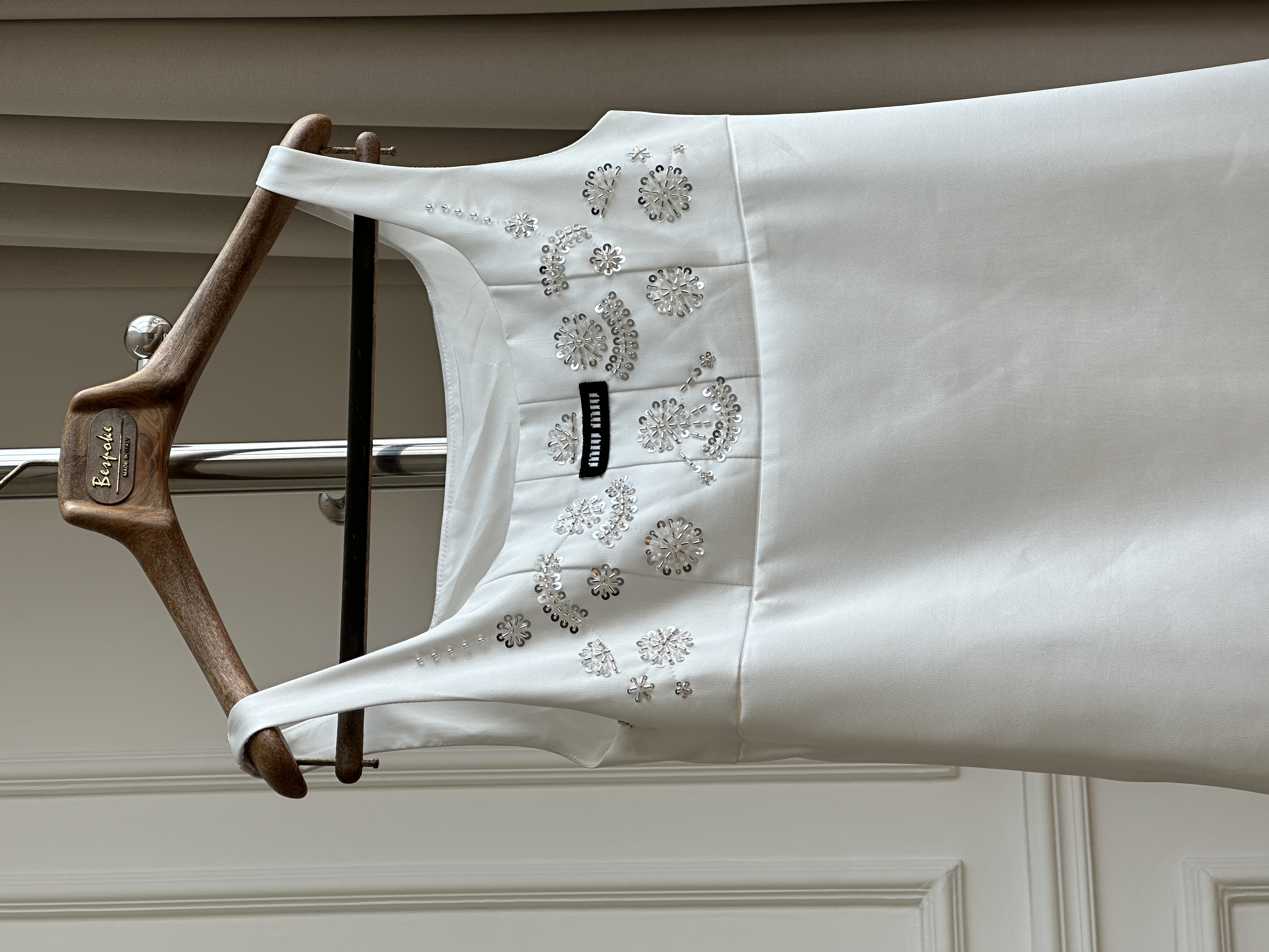 Miu Miu Solid White Square Neck Crystal Flower Embroidery A-Line Sleeveless Mini Dress