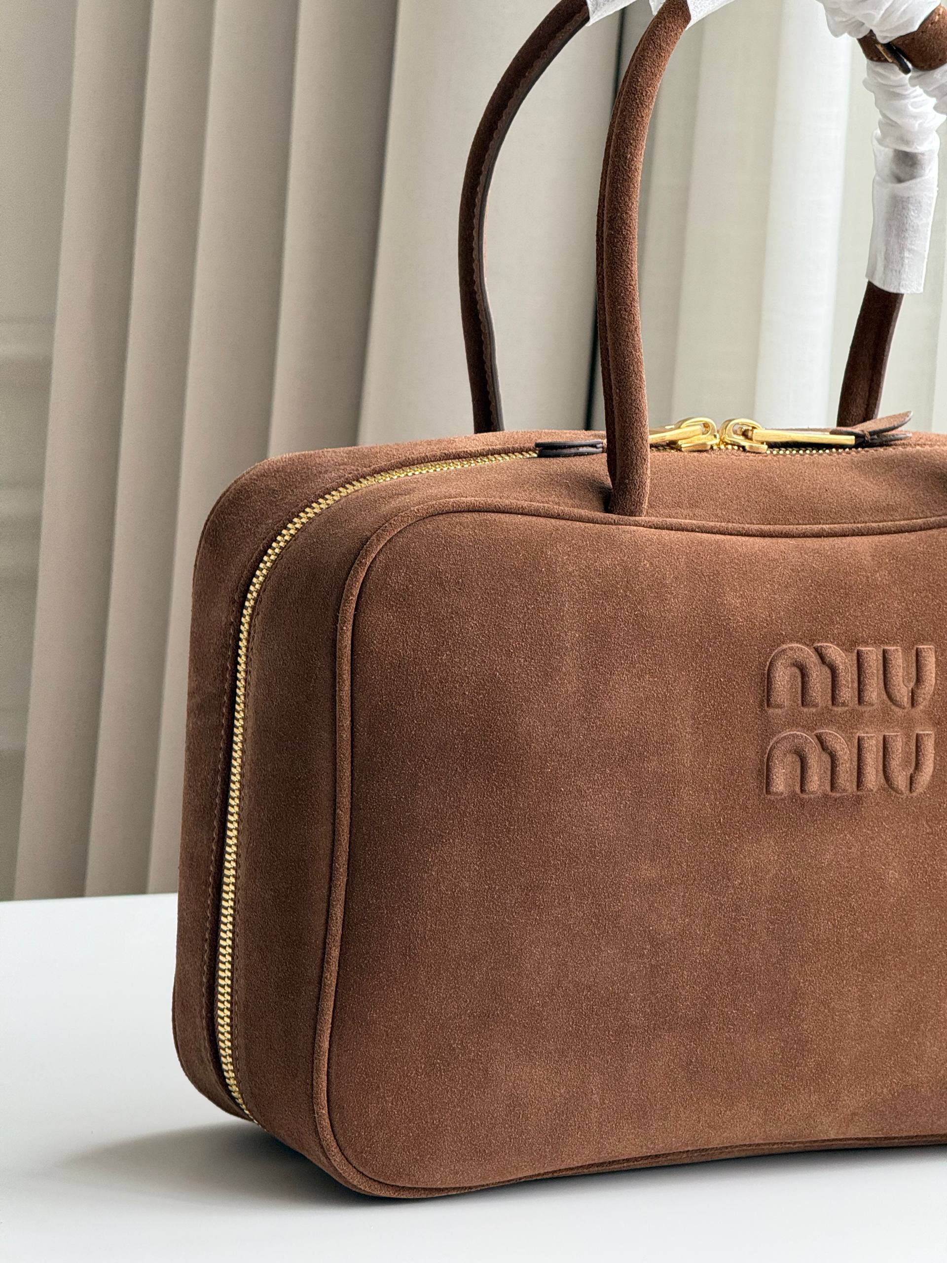 Miu Miu Brown Suede Embossed Logo Handheld Boston Cosmetic Bag