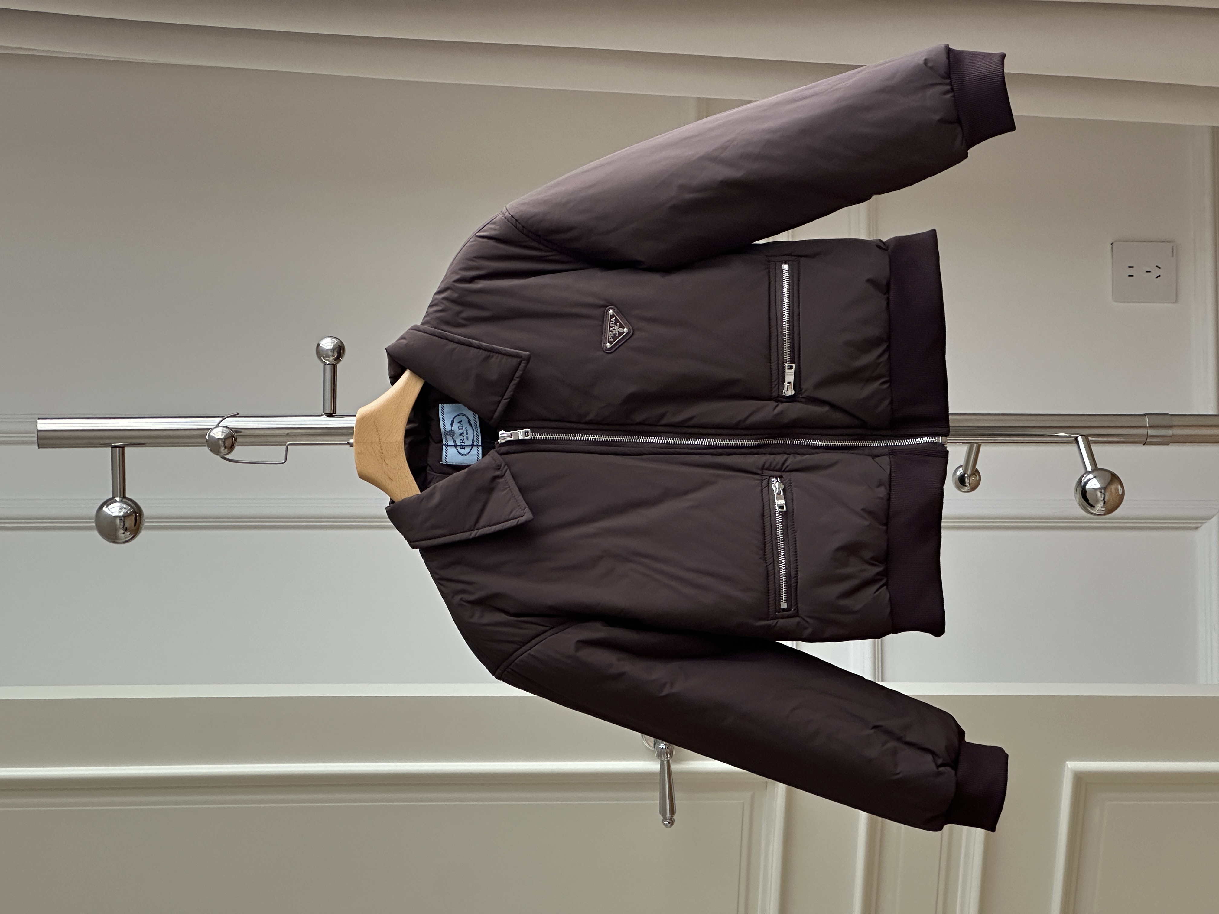 Prada Dark Brown Re-Nylon Triangle Logo Cropped Padded Bomber Jacket
