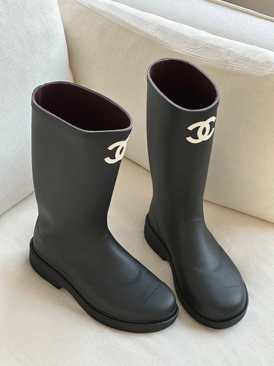 Chanel Black White CC Logo Block Heel Tall Waterproof Rain Boots