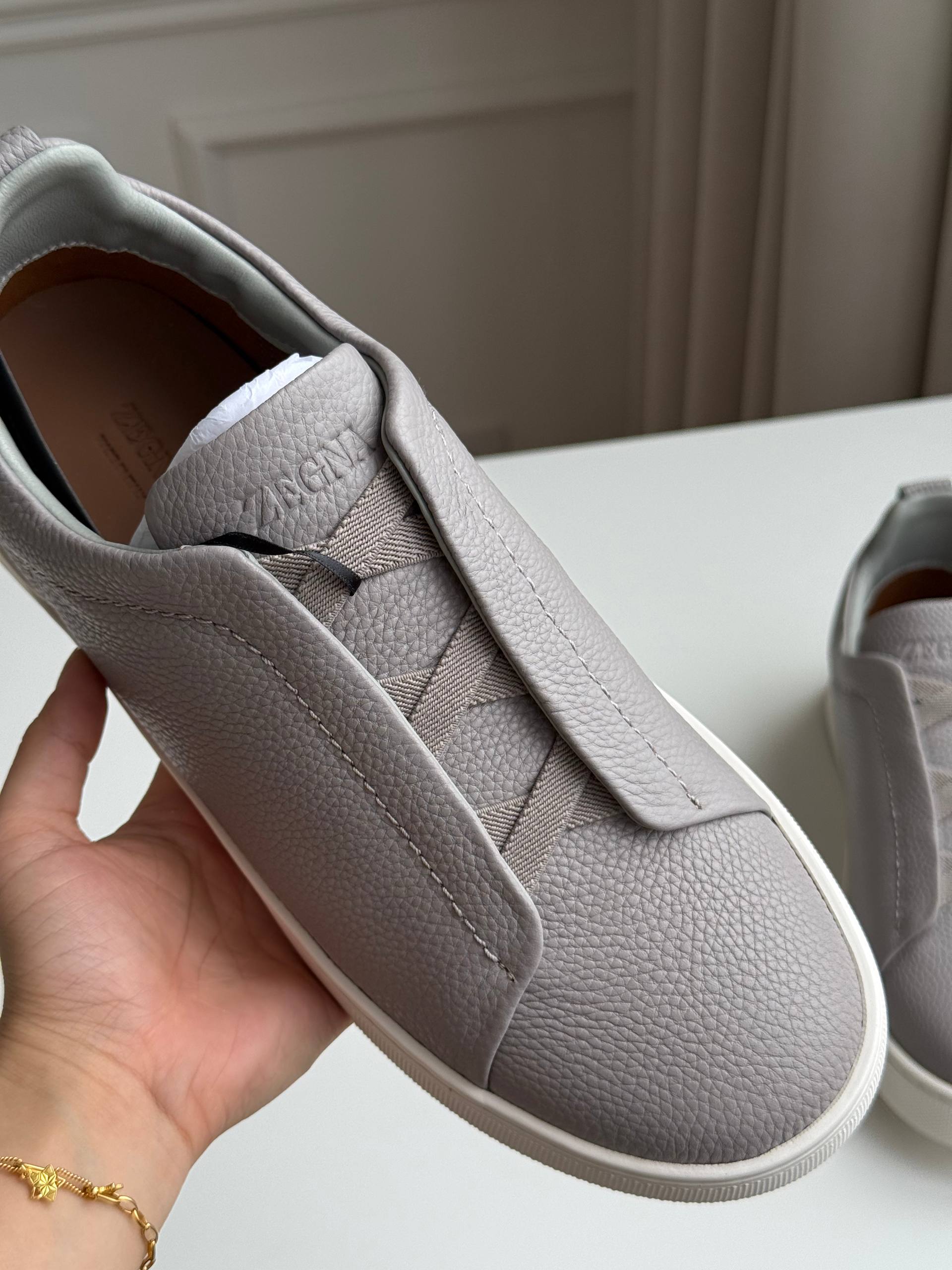 Zegna Triple Stitch Slip-On Leather Casual Sneakers