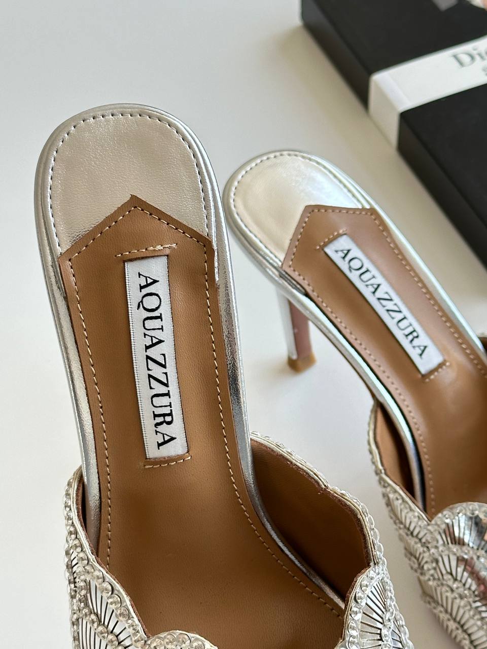 Aquazzura Silver Beaded Scalloped Open-Toe Stiletto Mules