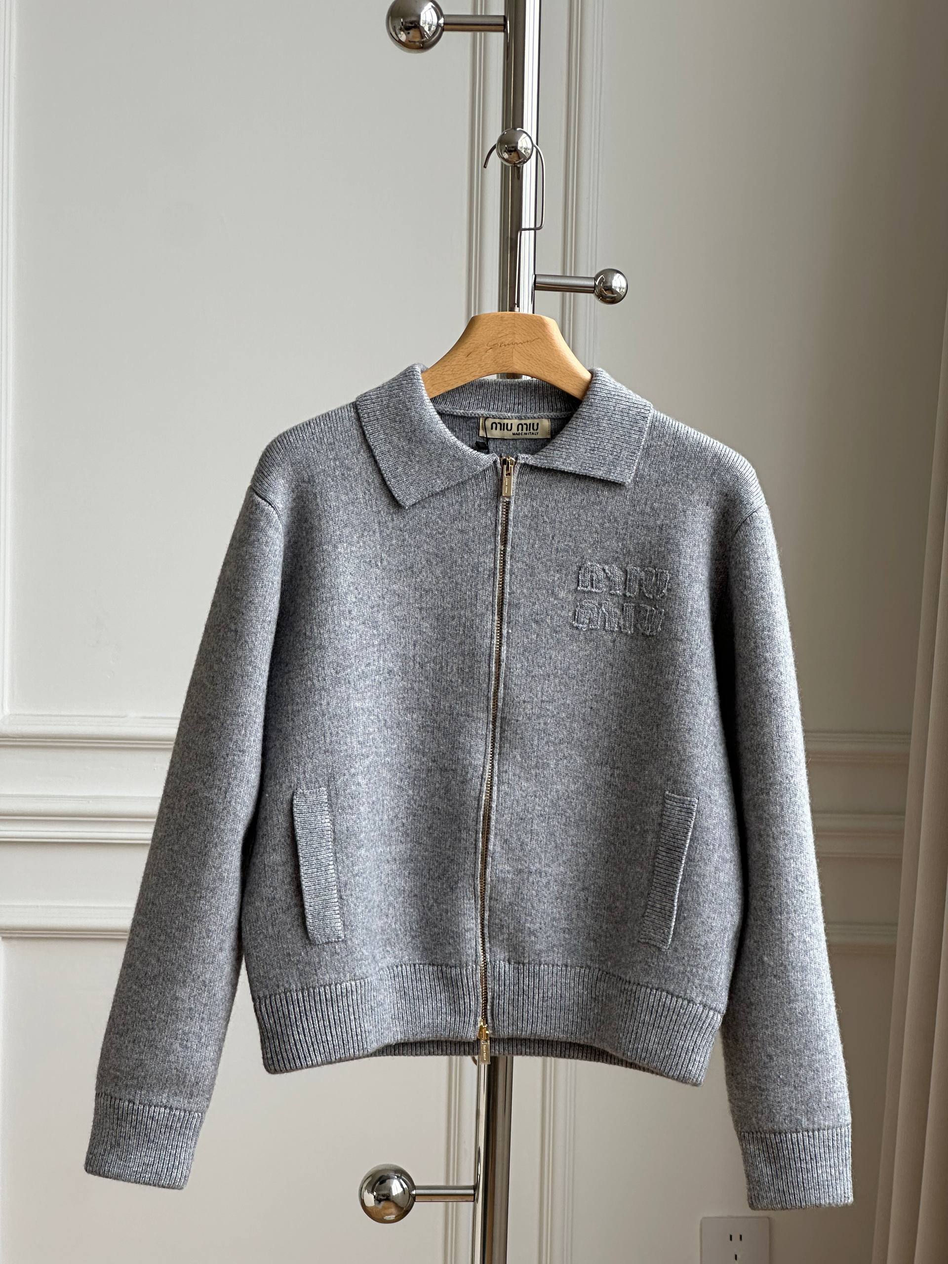 Miu Miu Collared Zip-Up Wool Knit Jacket