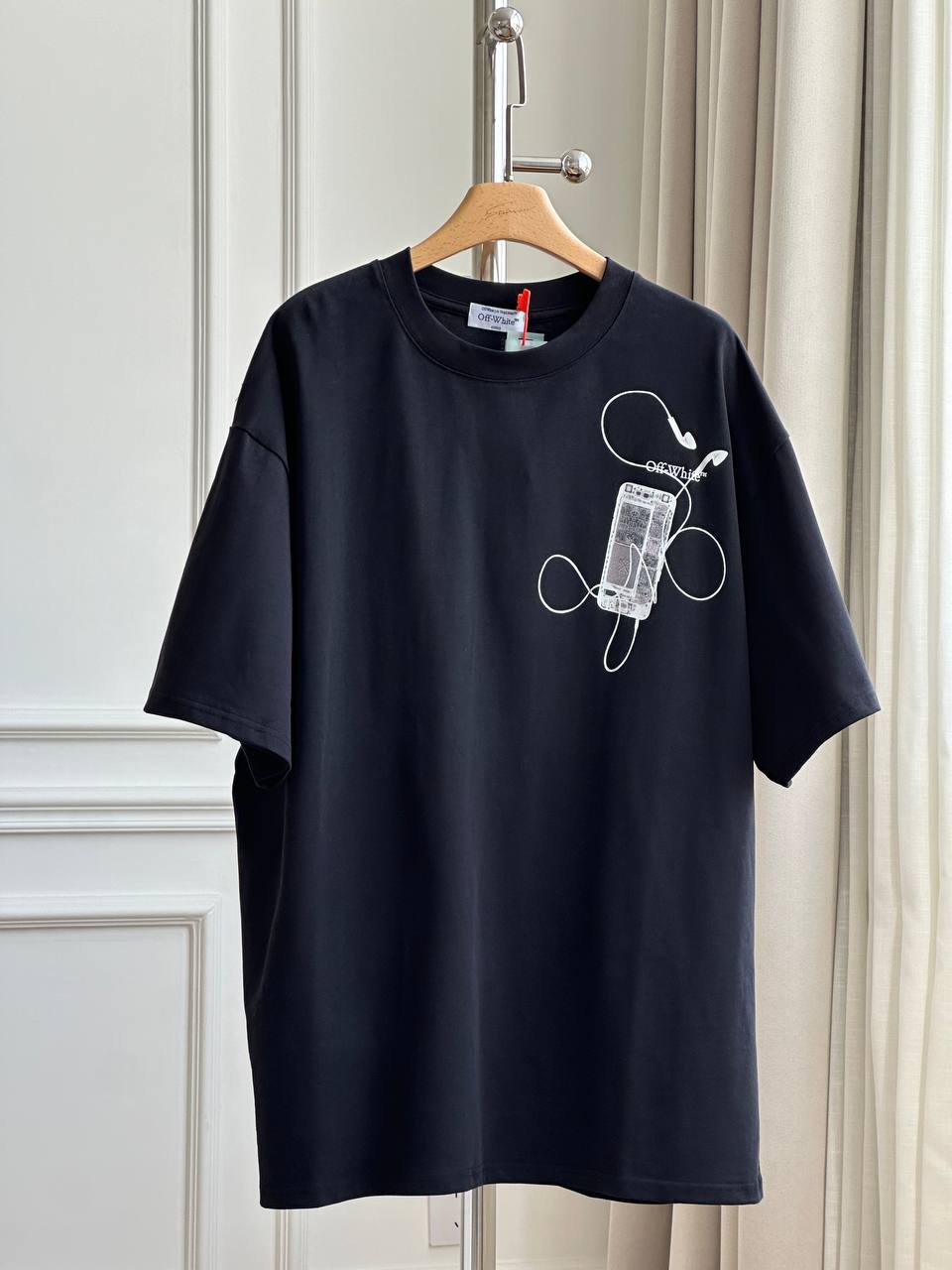 Off-White Black Vintage Cassette Earphone Print Crew Neck Oversized Short Sleeve T-shirt