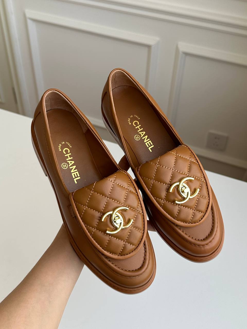 Chanel Caramel Brown Smooth Calfskin Quilted Flap Turn-Lock Gold CC Low-Heel Loafers