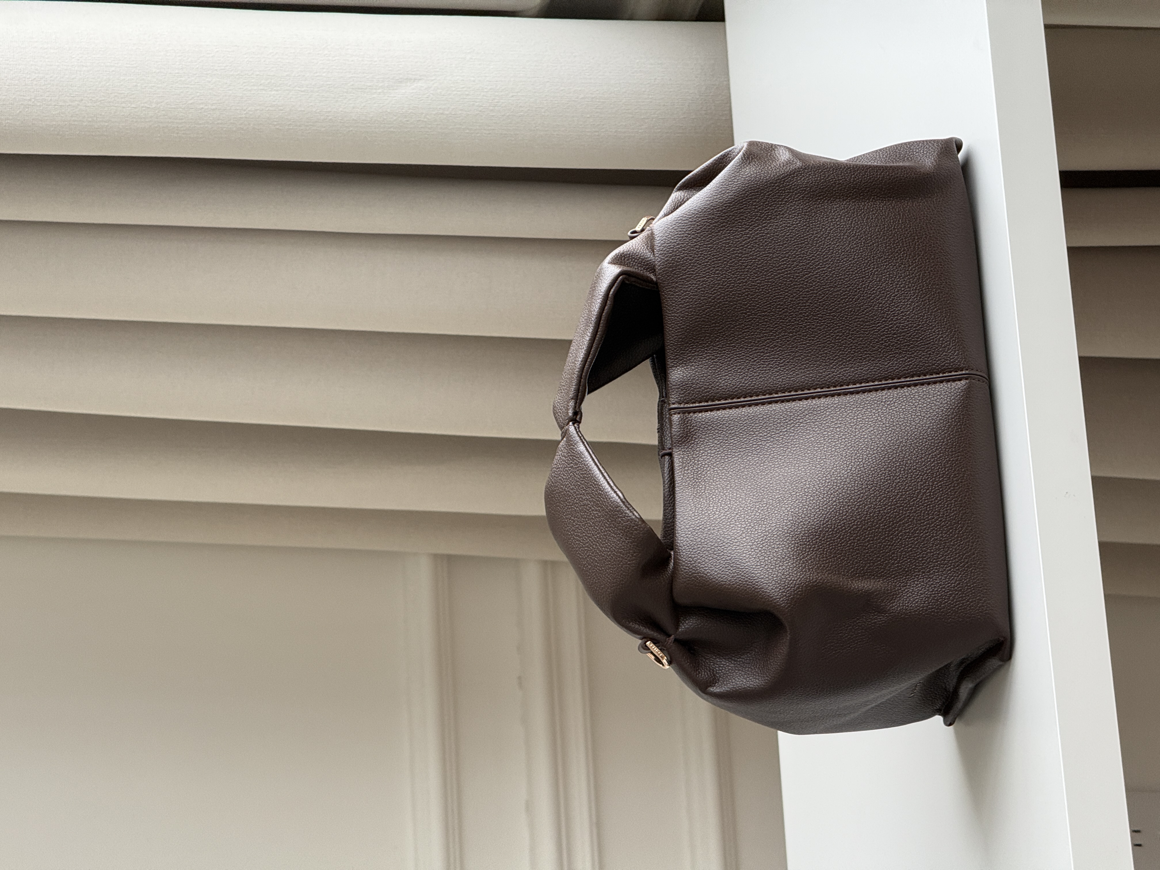 Dark Brown Pebbled Soft Leather Ruched Tote Handbag