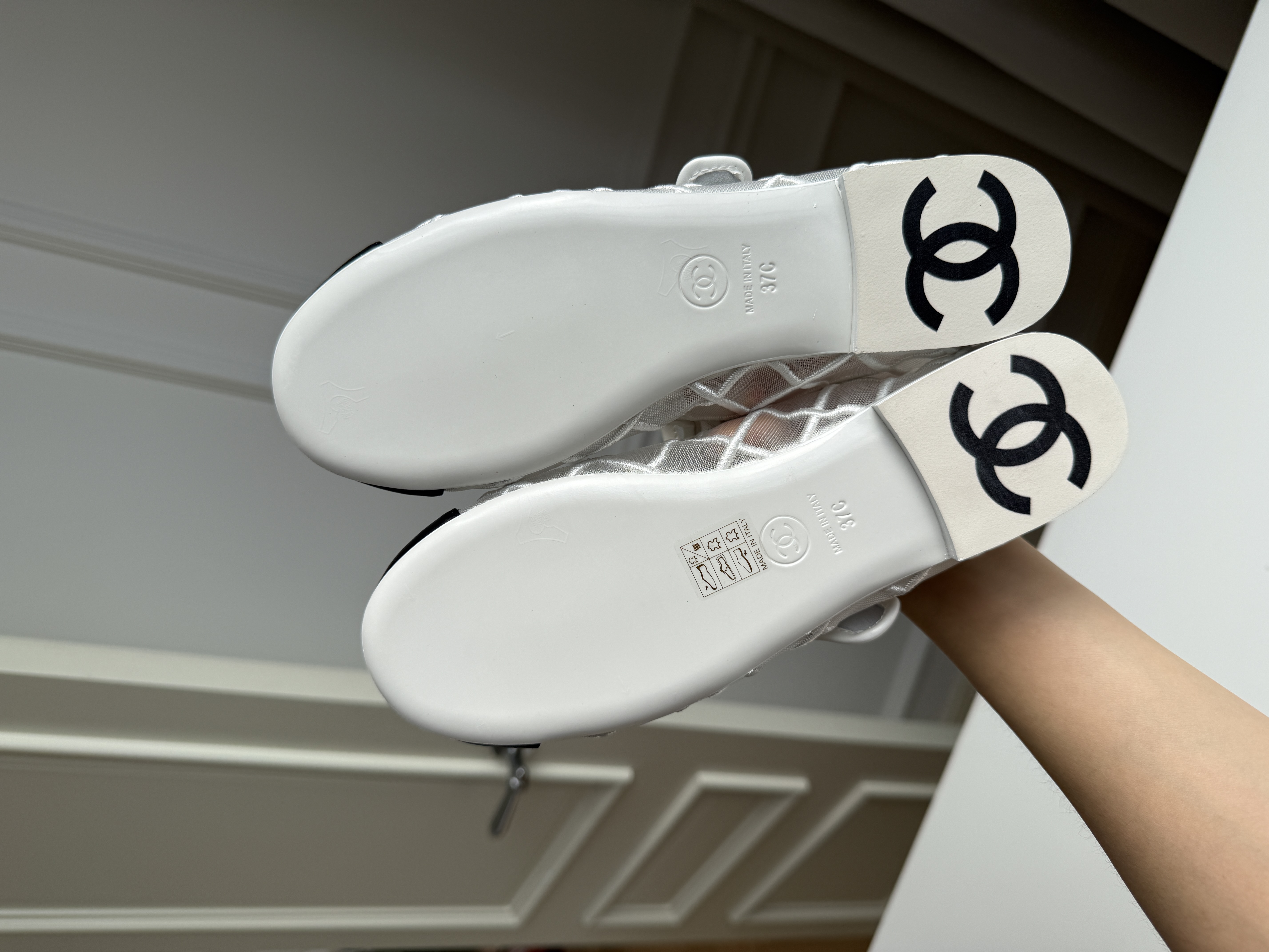 Chanel White Mesh & Black Leather Mary Jane Flat Shoes