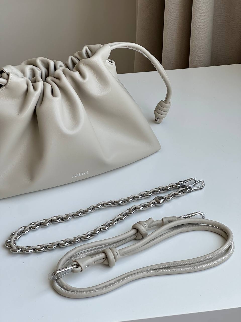 Bottega Veneta Light Grey Smooth Lambskin Knot Drawstring Jodie Cloud Shoulder Crossbody Bag