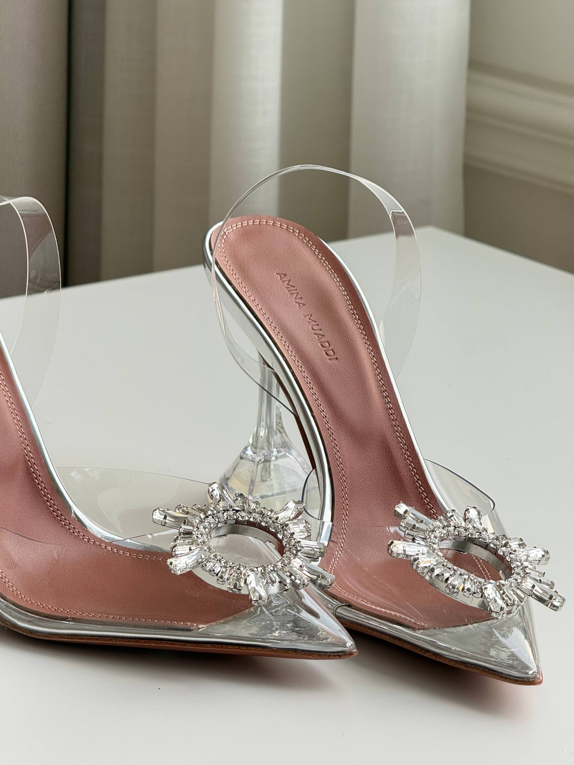 Anna Muaddi Crystal Sun Embellished Clear PVC Pointed Toe Transparent Heel Slingback Sandals