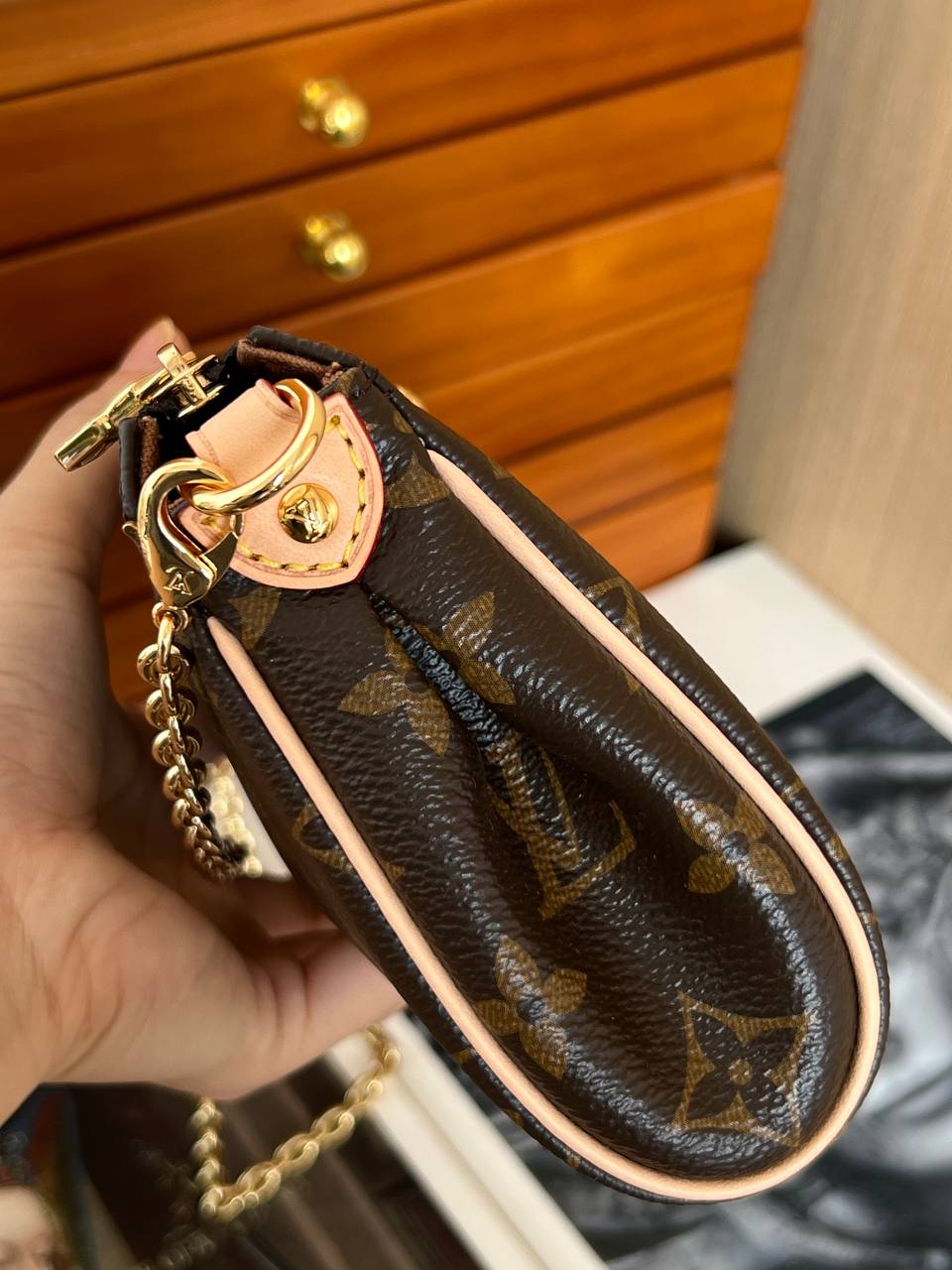Louis Vuitton Monogram Zip Shoulder Bag with Gold Nameplate Chain Strap