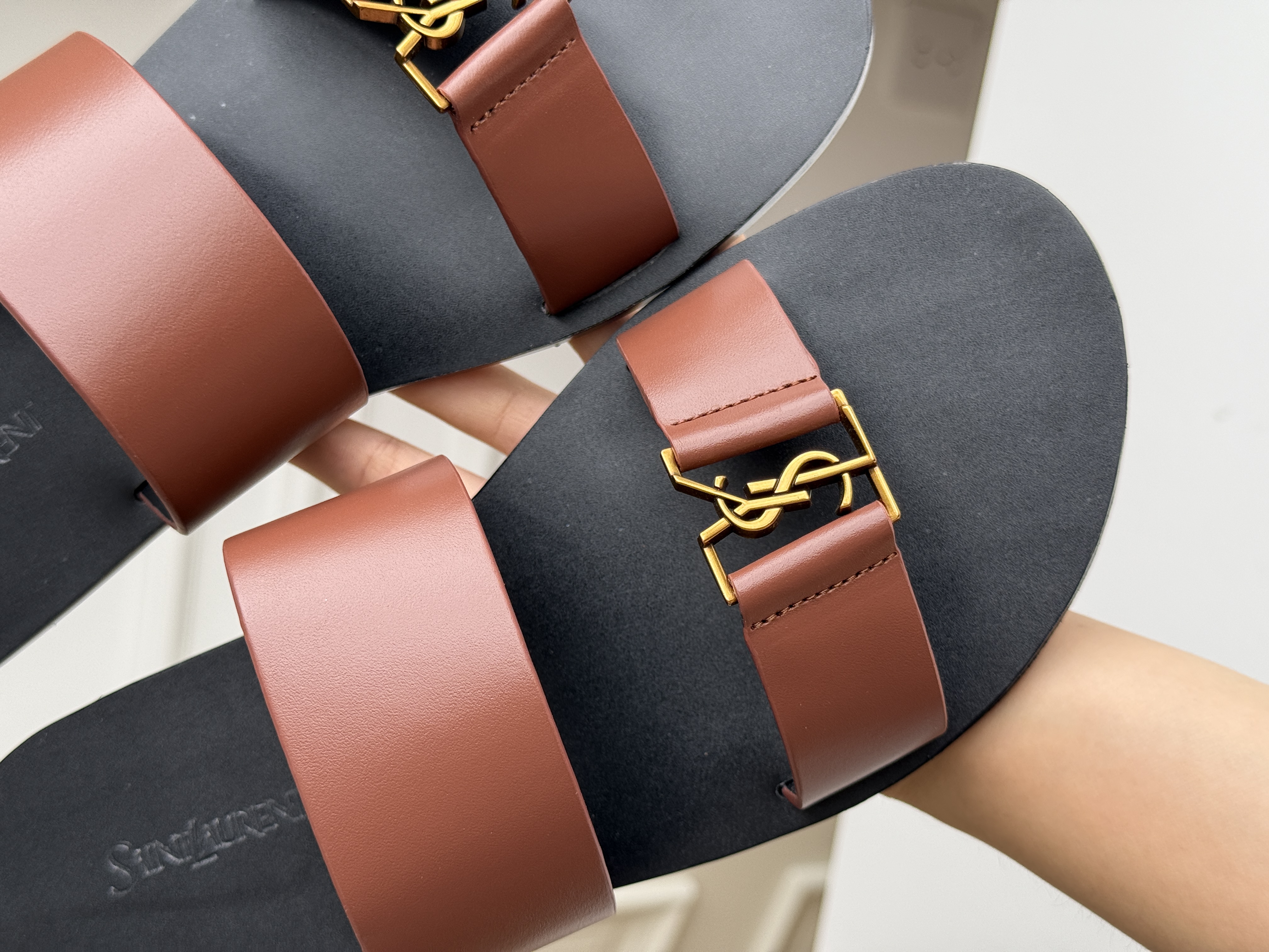 YSL Saint Laurent Babylone Double-Strap Cassandre Flat Sandals