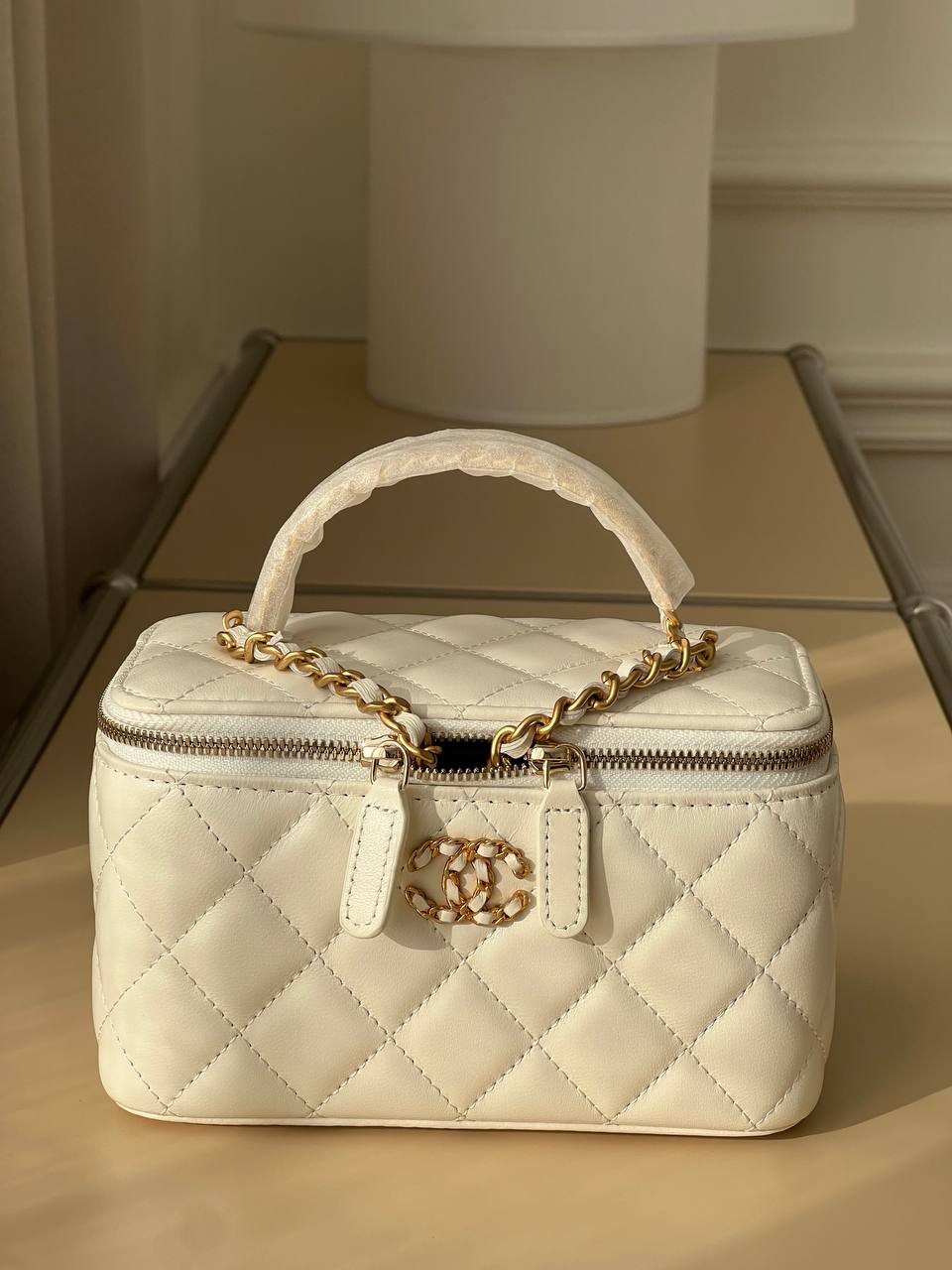 Chanel Cream White Smooth Lambskin Quilted Vanity Case Bag With Top Handle & Interwoven Chain Strap