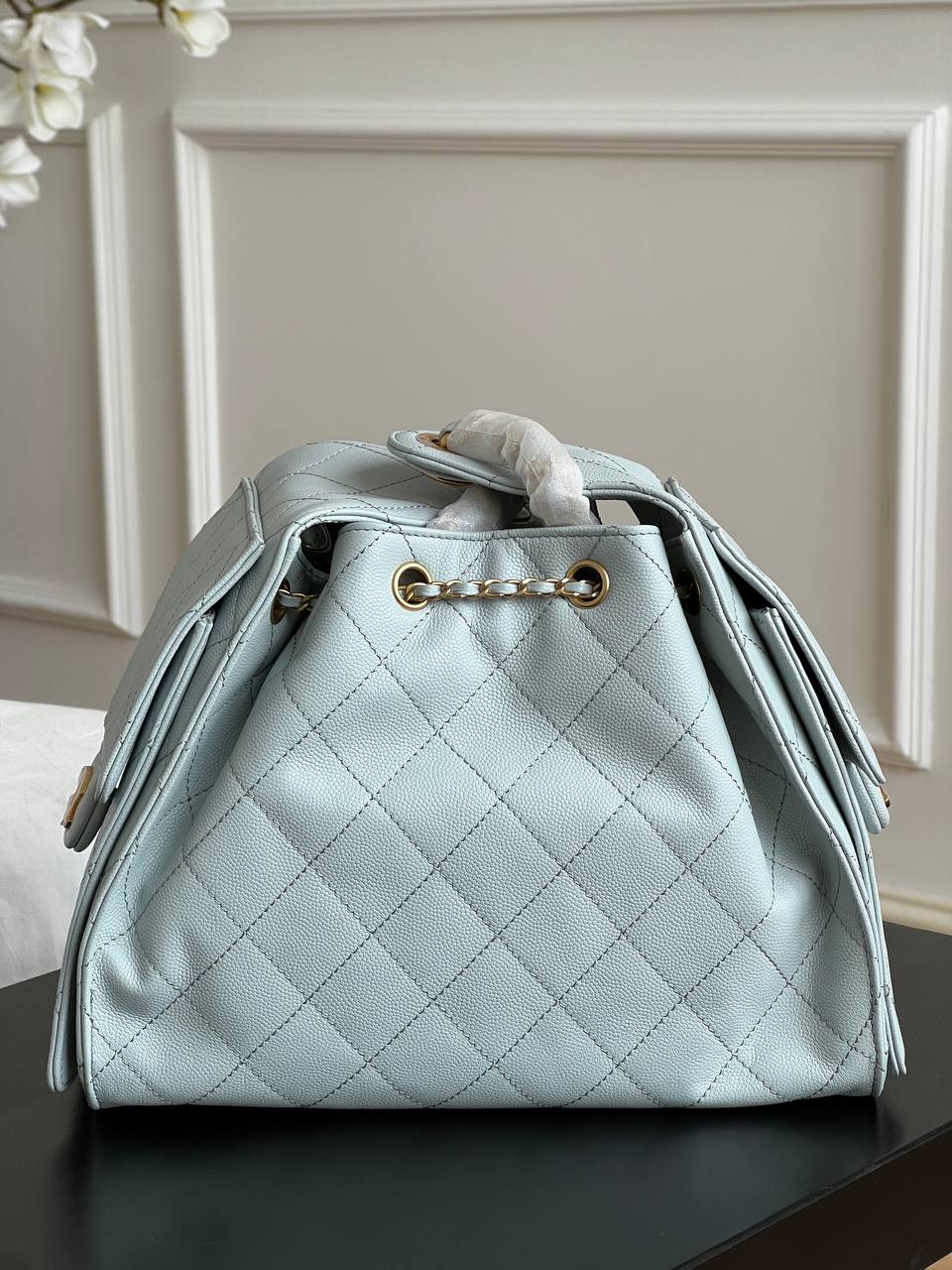 Chanel Pale Ice Blue Caviar Leather CC Drawstring Quilted Flap Bucket Bag