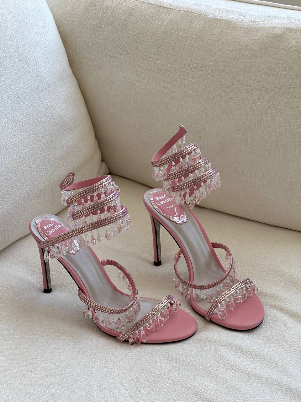 René Caovilla Pink Satin Multi-Layer Crystal Fringe Ankle Wrap Stiletto Sandals