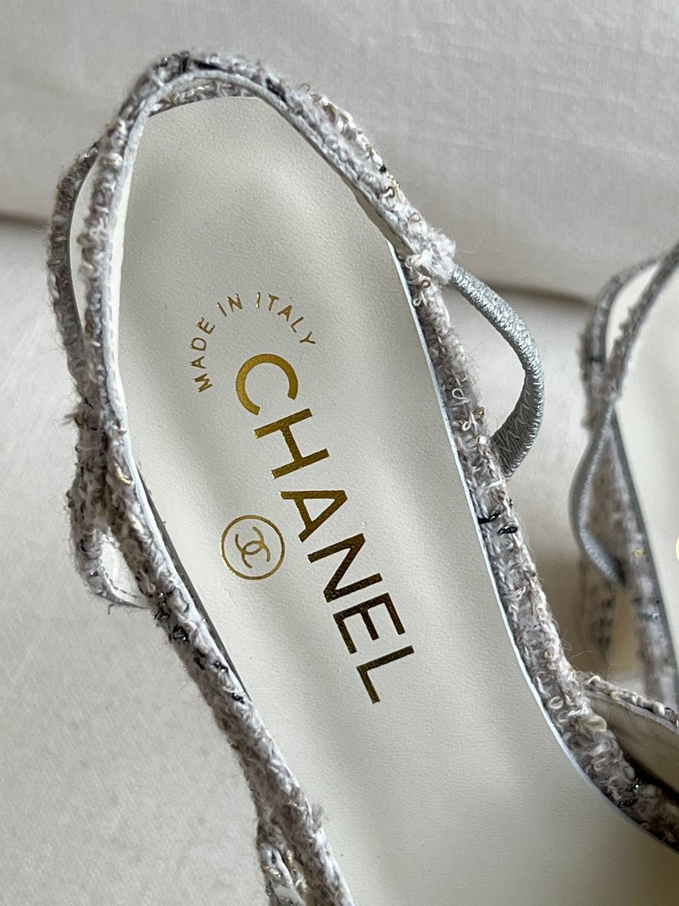 Chanel Grey Tweed & Lambskin Slingback Block Heel Sandals