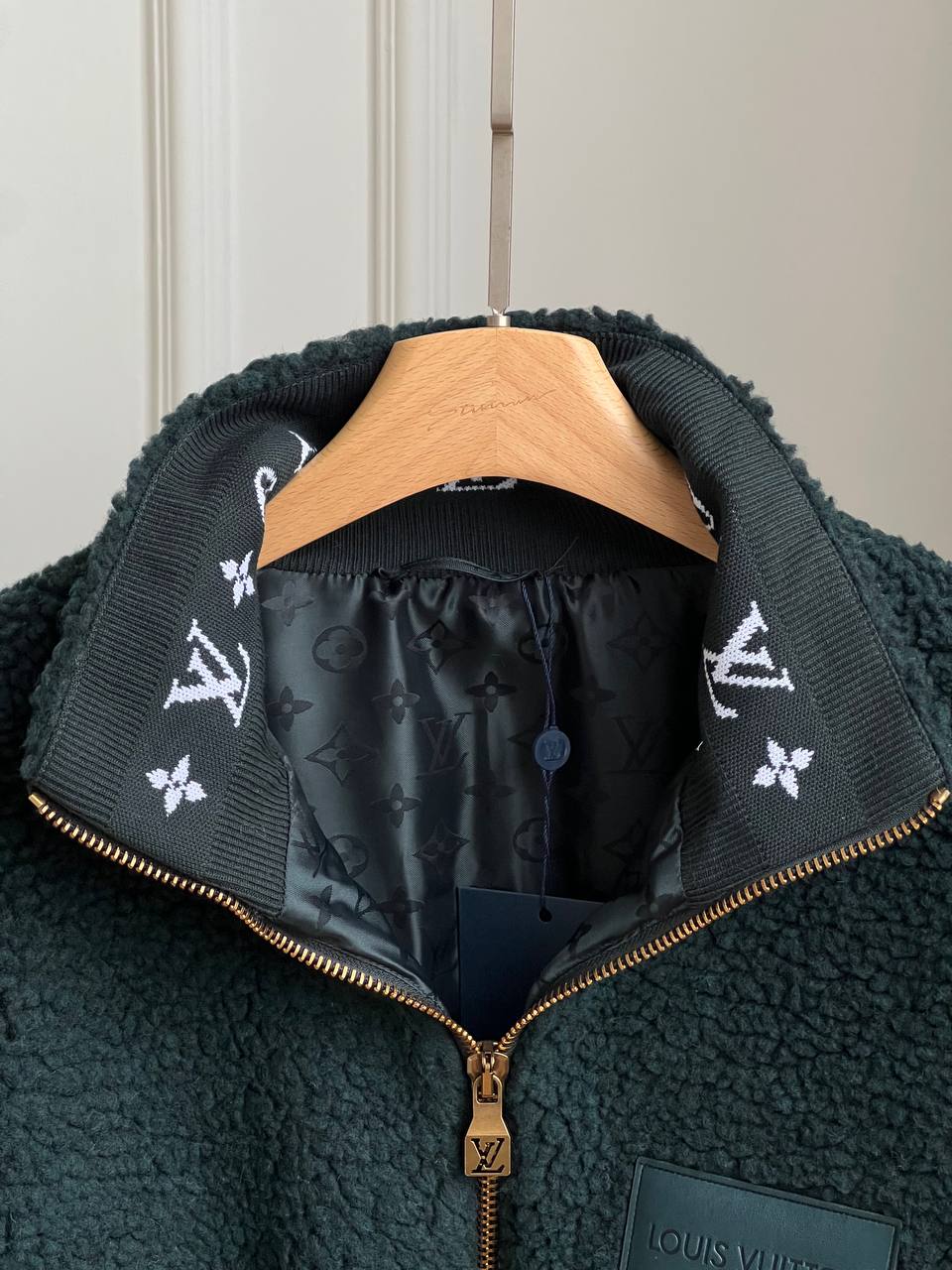 Louis Vuitton Dark Green Stand Collar Teddy Fleece Zip Jacket With Leather Logo Patch