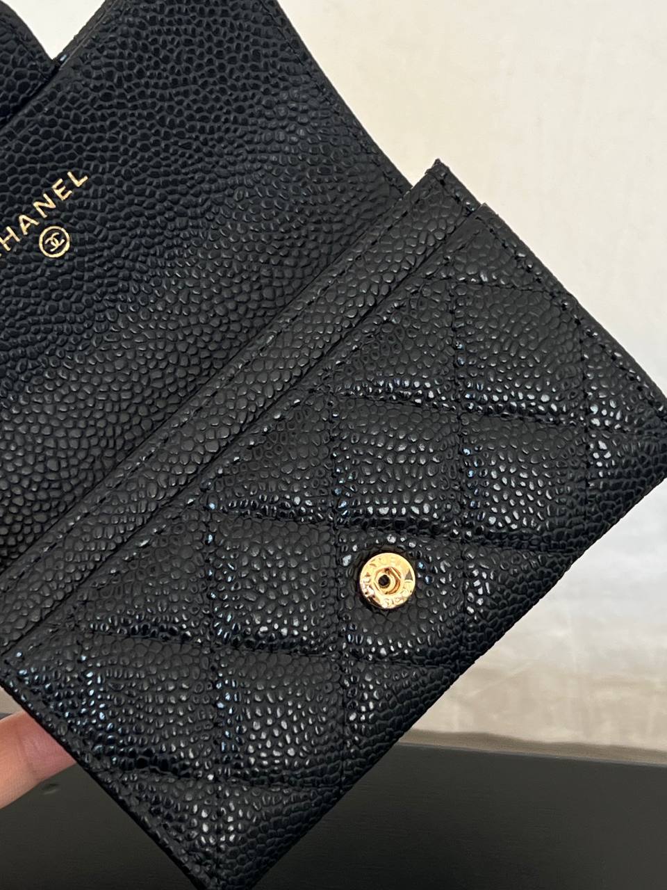 Chanel Black Caviar Leather Quilted Flap Card Holder With Gold CC Logo