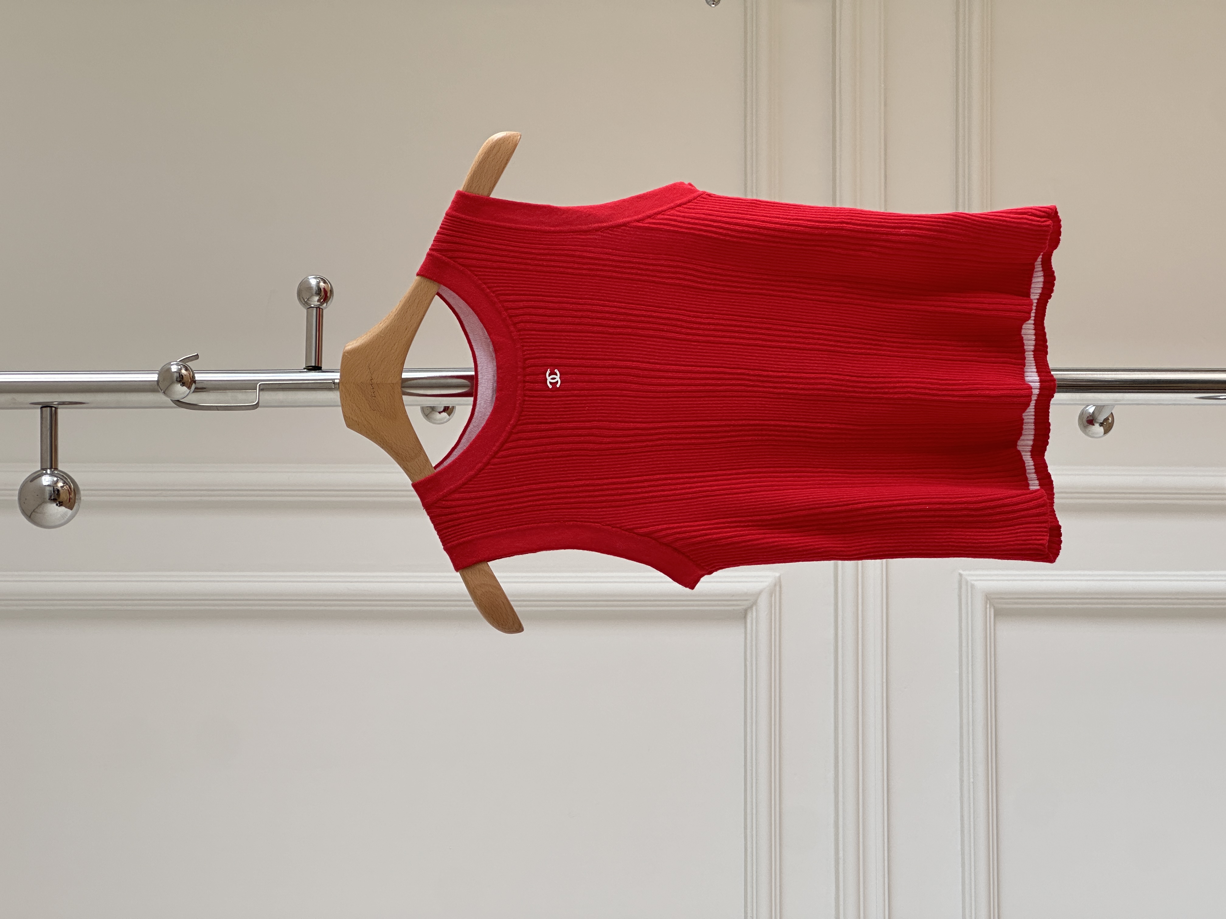 Chanel Bright Red Crew Neck Vertical Ribbed CC Logo Slim Knit Tank Top