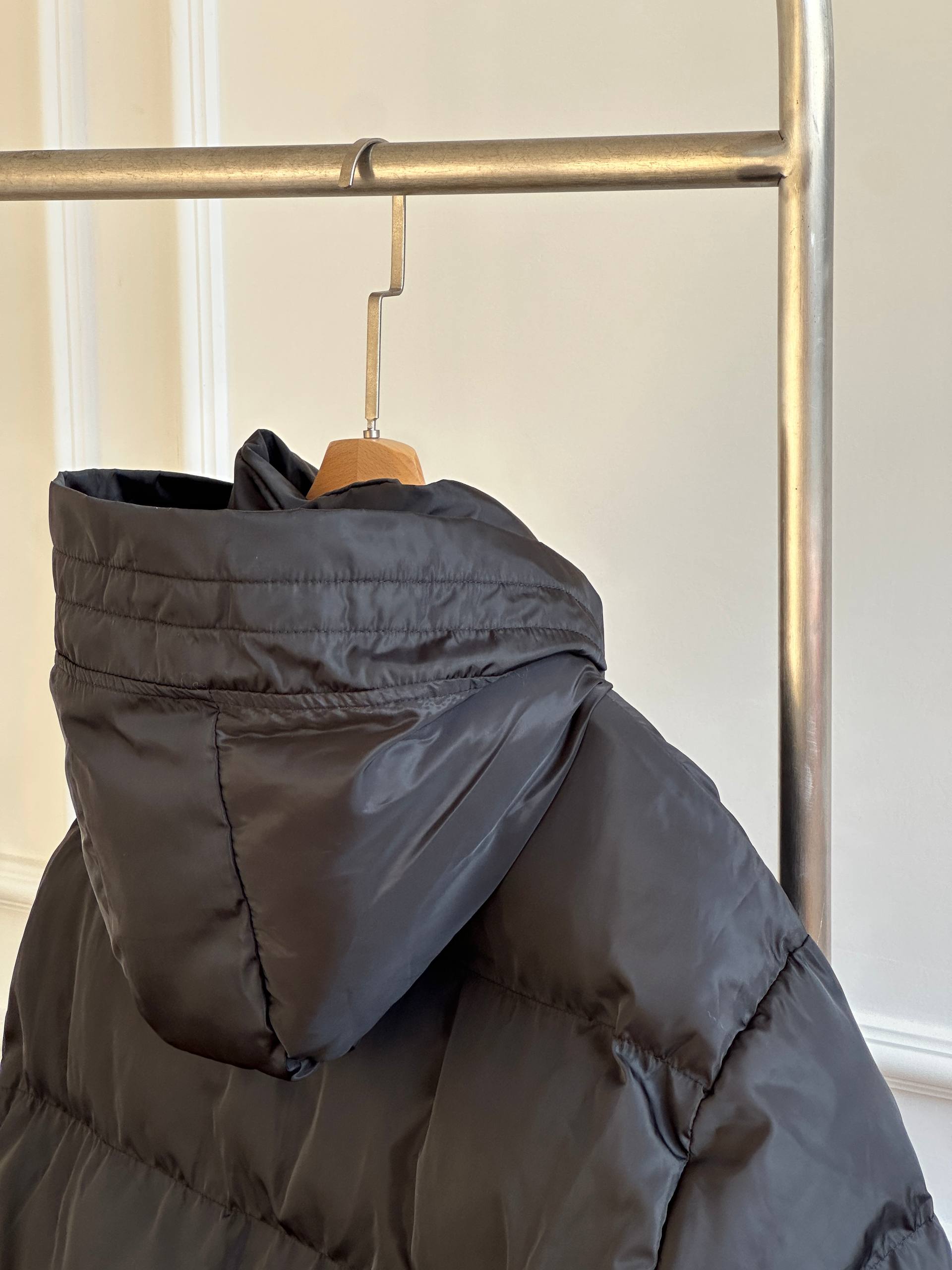 CHANEL Hooded Cropped Puffer Down Jacket with Square CC Patch & Logo Cuff Ribbons