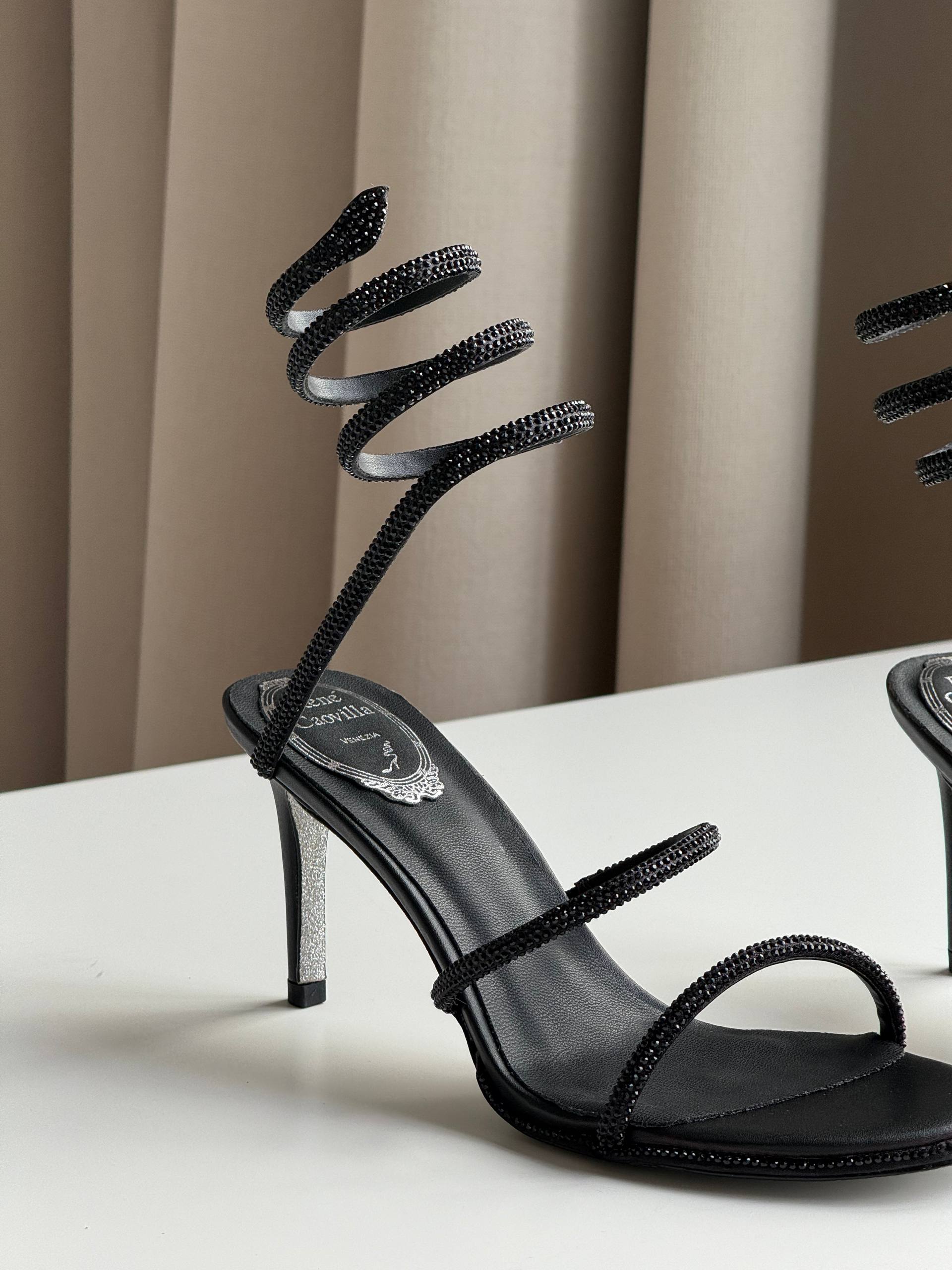 René Caovilla Cleo Crystal-Embellished Black Satin Sandals