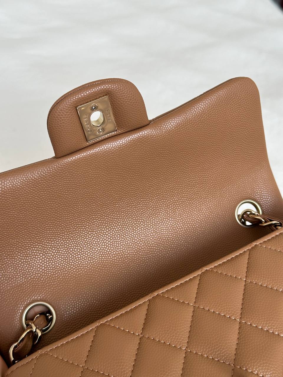 Chanel Milk Tea Caviar Leather Classic Flap Medium Light Gold Hardware Bag