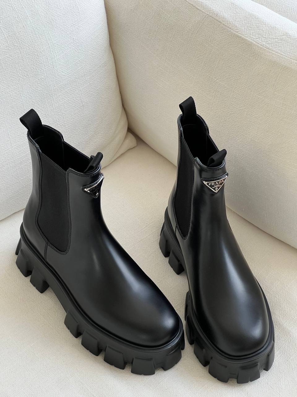 Prada Black Leather Monolith Platform Chelsea Ankle Boots