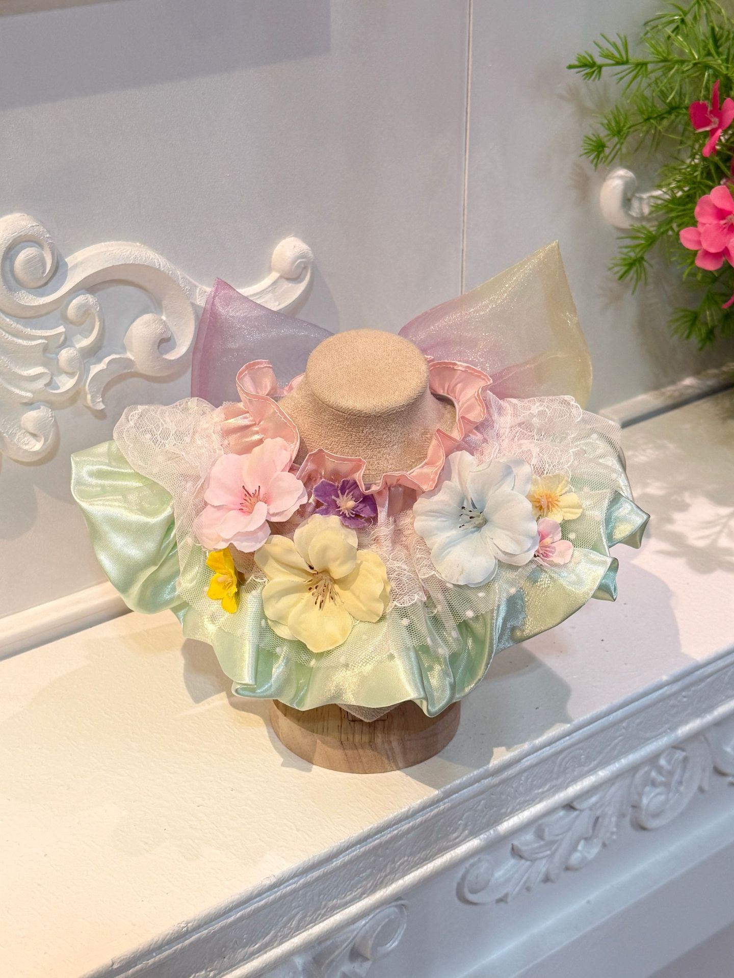Hand-crafted Rainbow Flower Fairy Lace Ruffle Pet Bib Elastic Neck Scarf with Mesh Wing Decor - MAISONKAIRON