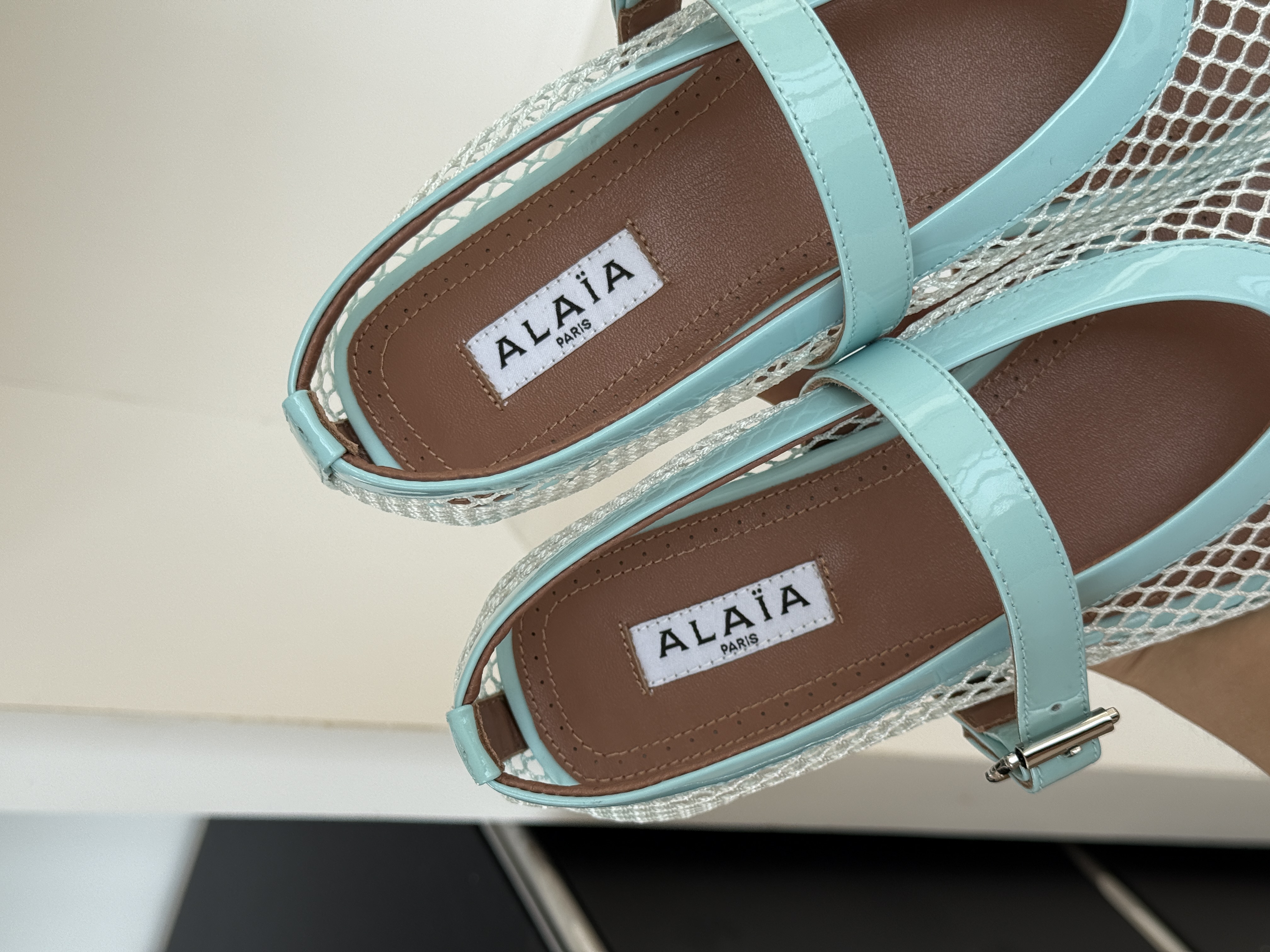 ALAIA Patent Leather Trim Mesh Strap Mary Jane Flat Shoes