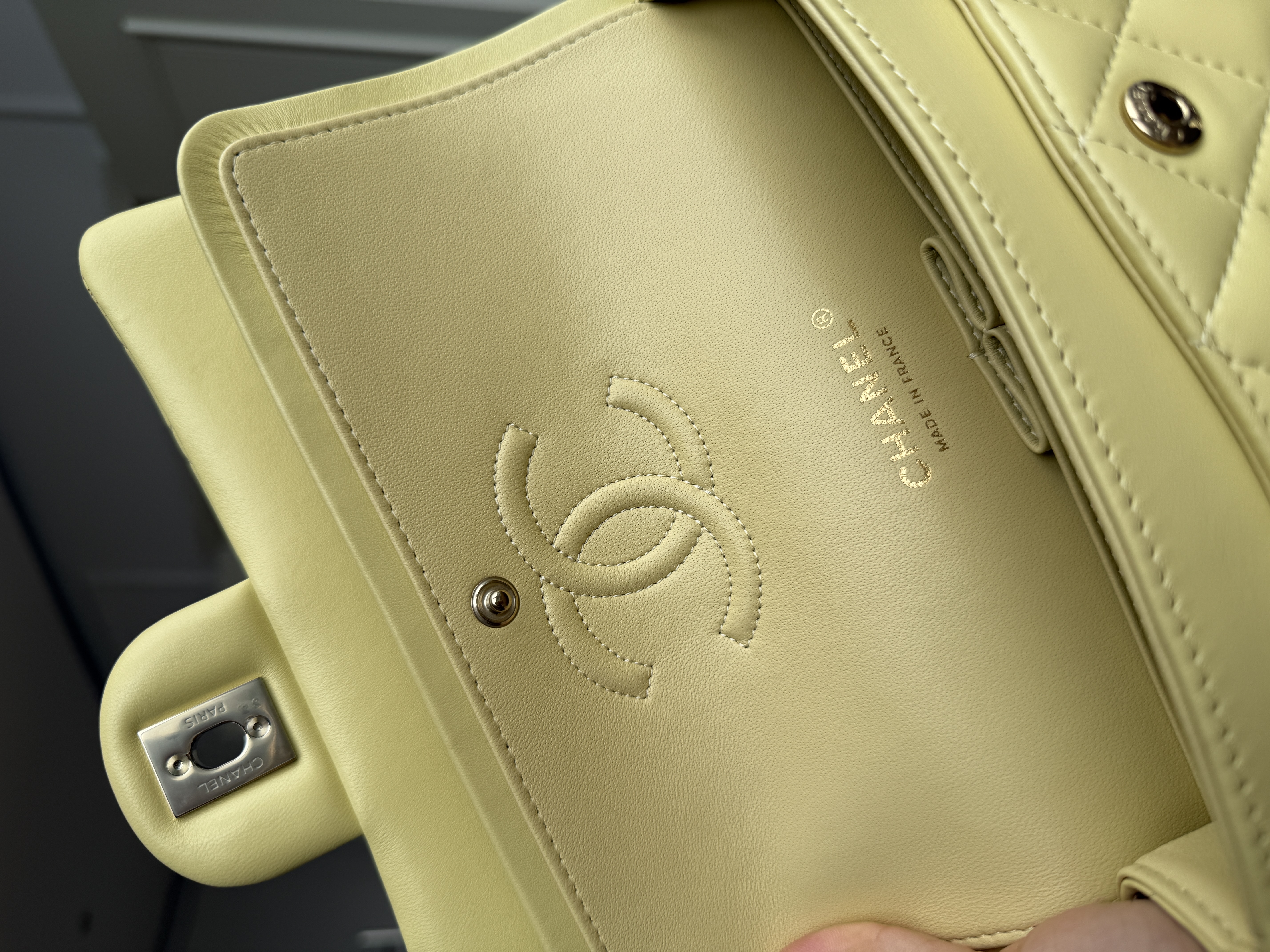CHANEL Classic Flap Medium, Lambskin Classic Flap Bag in Pale Yellow