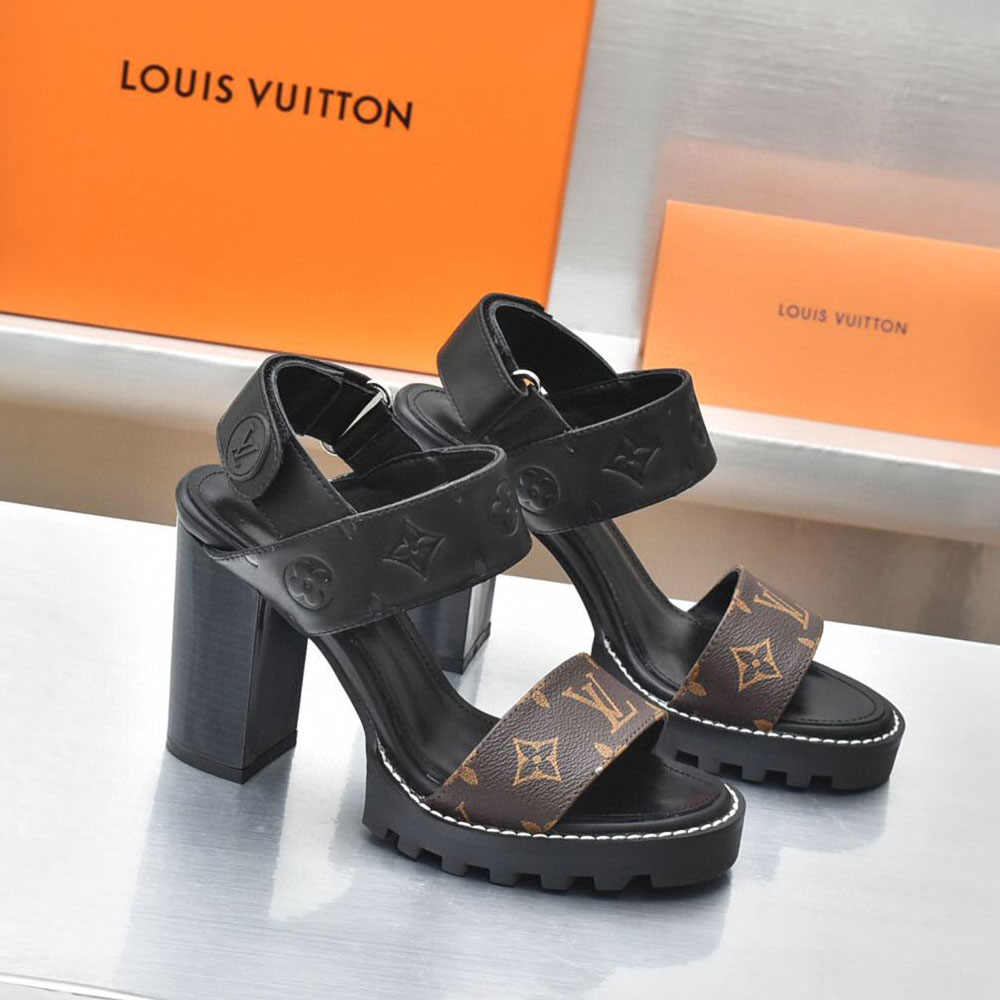 LV Leather Chunky Heel Velcro Slide Sandal