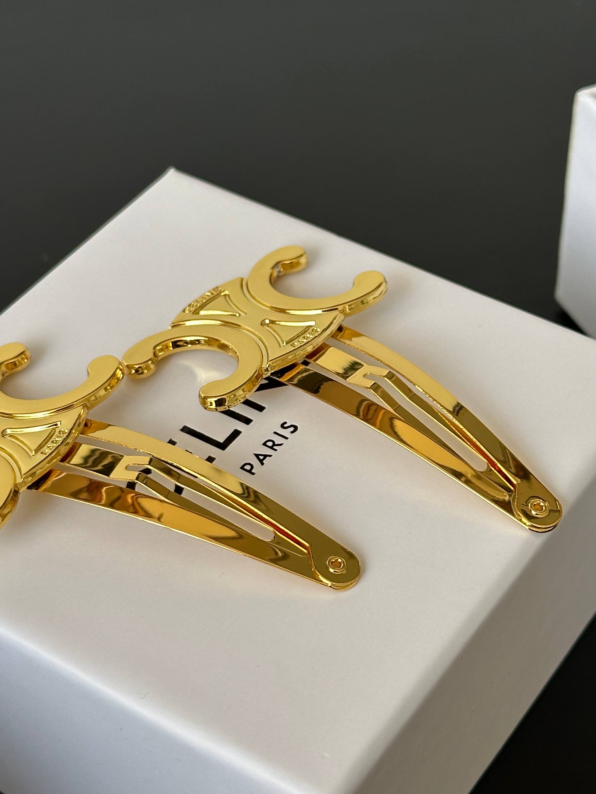 Triomphe Set of 2 Snap Hair Clips in Brass with Gold Finish and Steel
