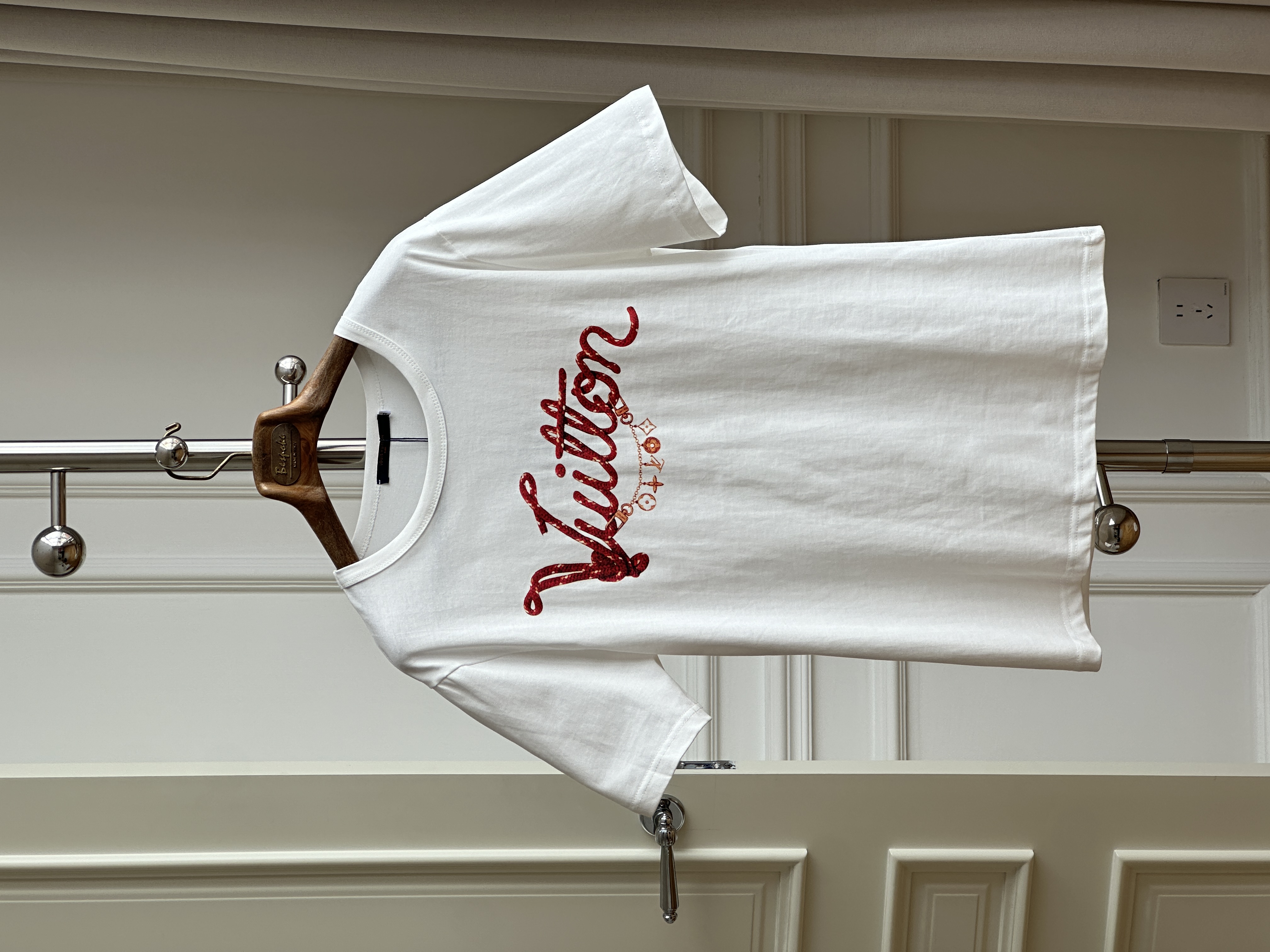 Louis Vuitton White Cotton Red Sequin Script Logo Crew Neck Short Sleeve T-shirt