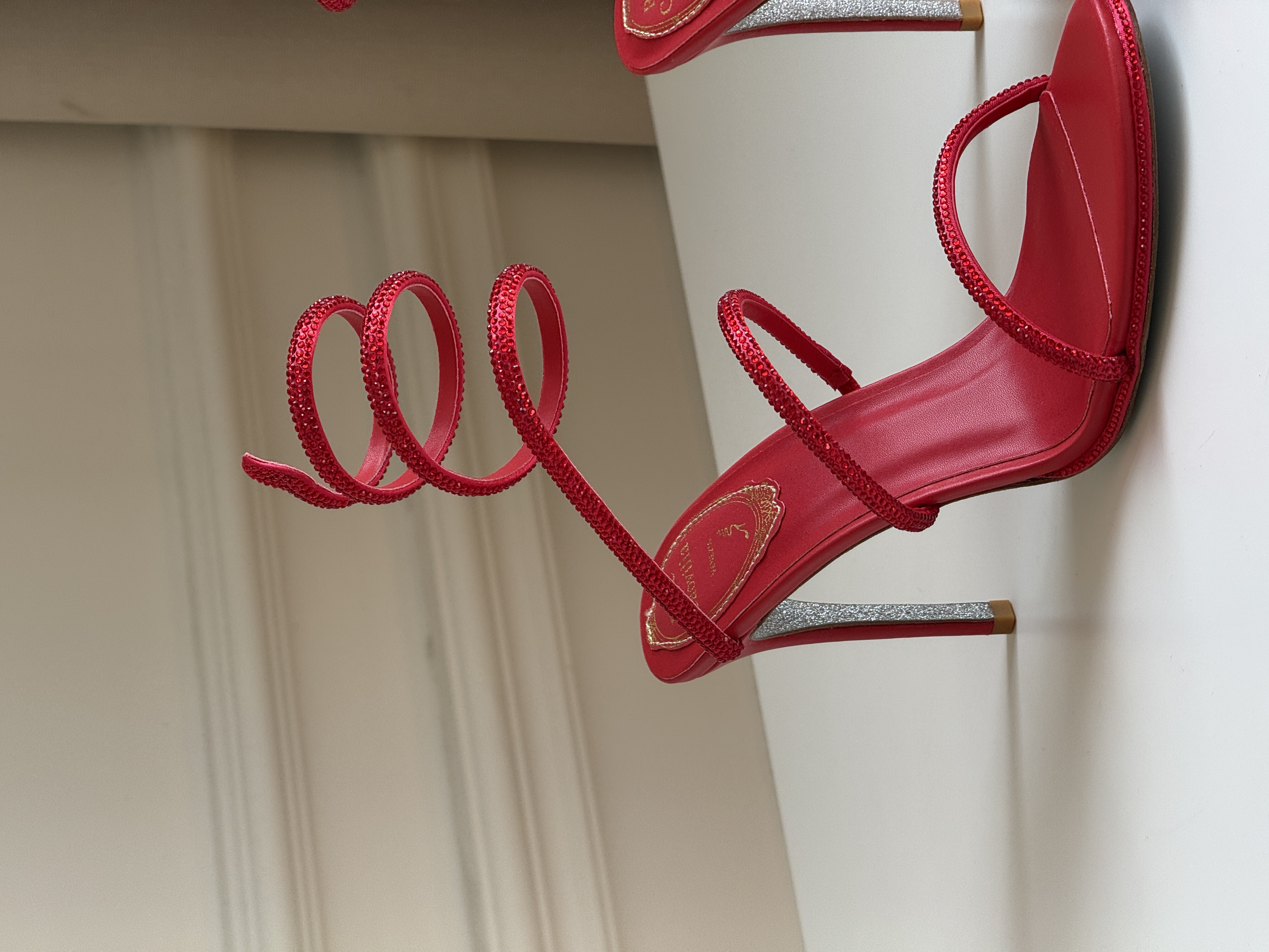 Bright Red Rhinestone Coiled Snake Ankle Wrap Open Toe Stiletto Sandals