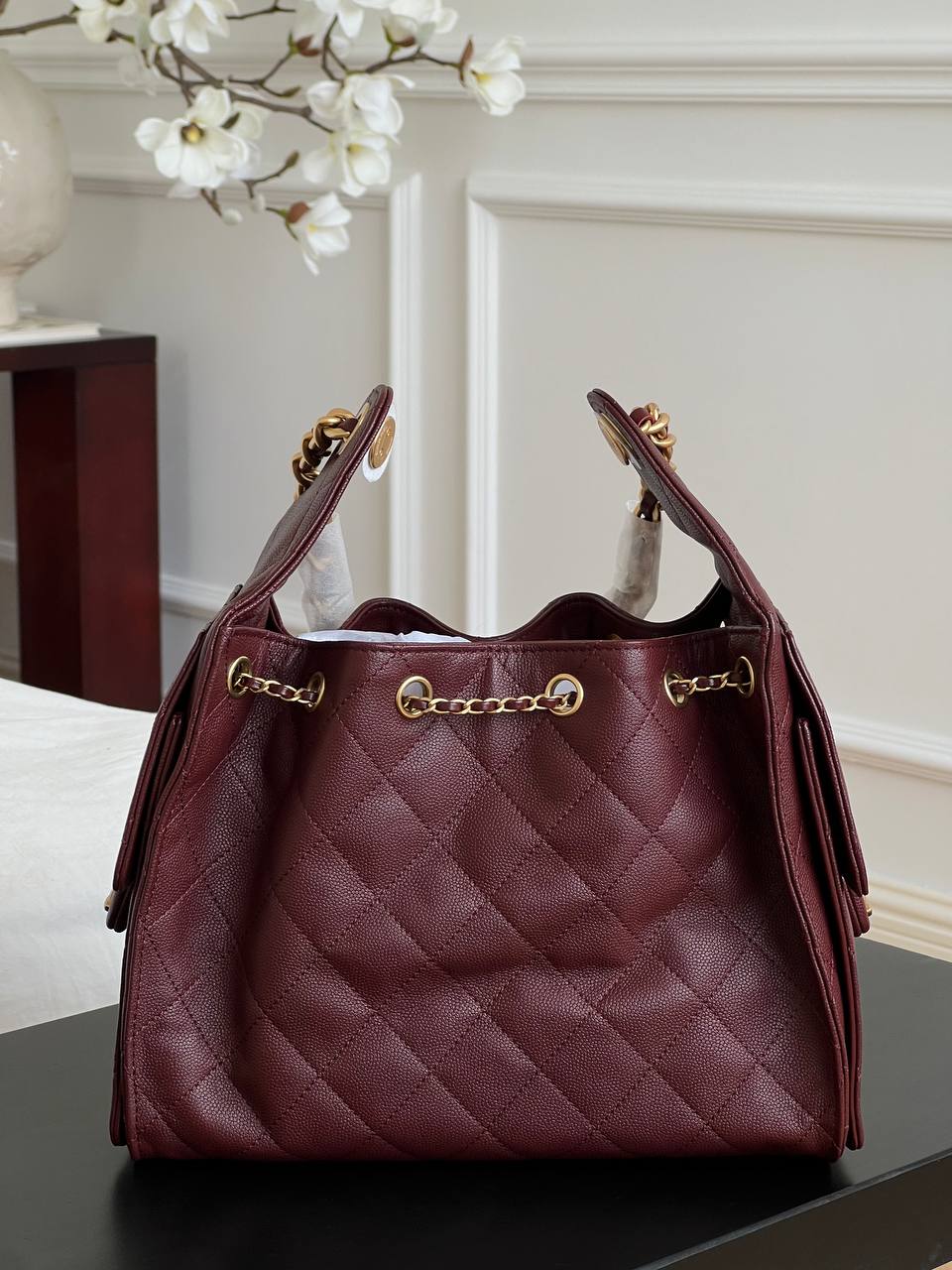 Chanel Burgundy Caviar Leather Quilted CC Drawstring Chain Tote Bag