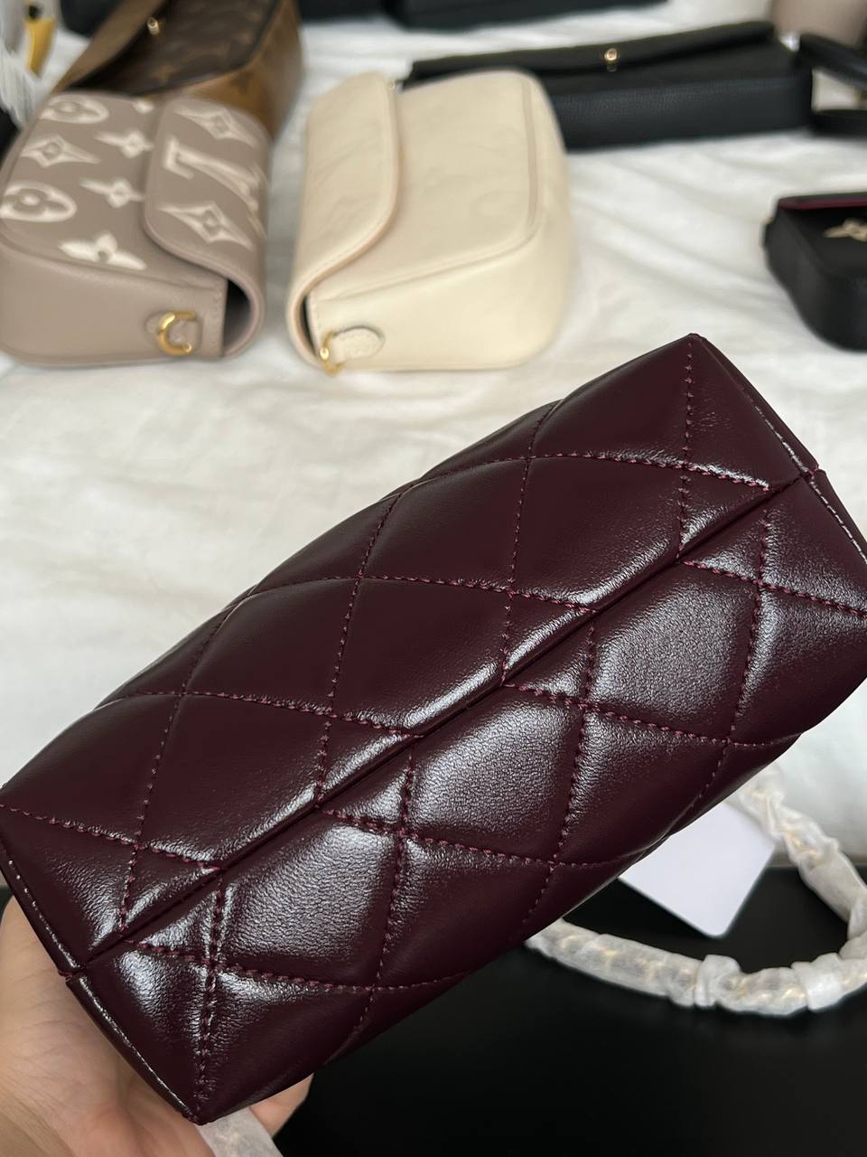 Chanel Burgundy Shiny Wax Leather Quilted Hobo Bag With Braided Chain Handle & Gold CC Logo