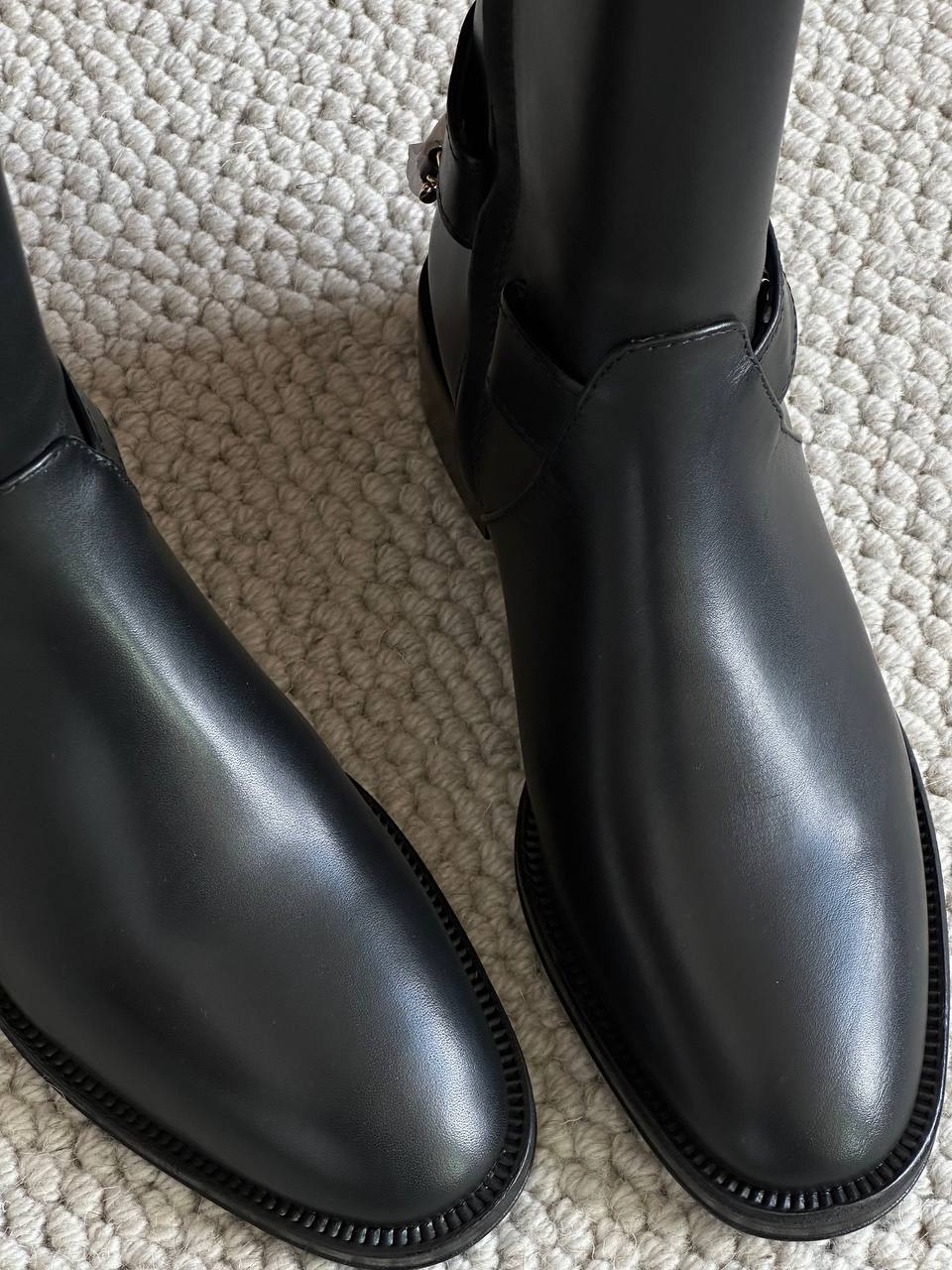 Chanel Black Polished Leather CC Metal Buckle Block Heel Straight Tall Riding Boots